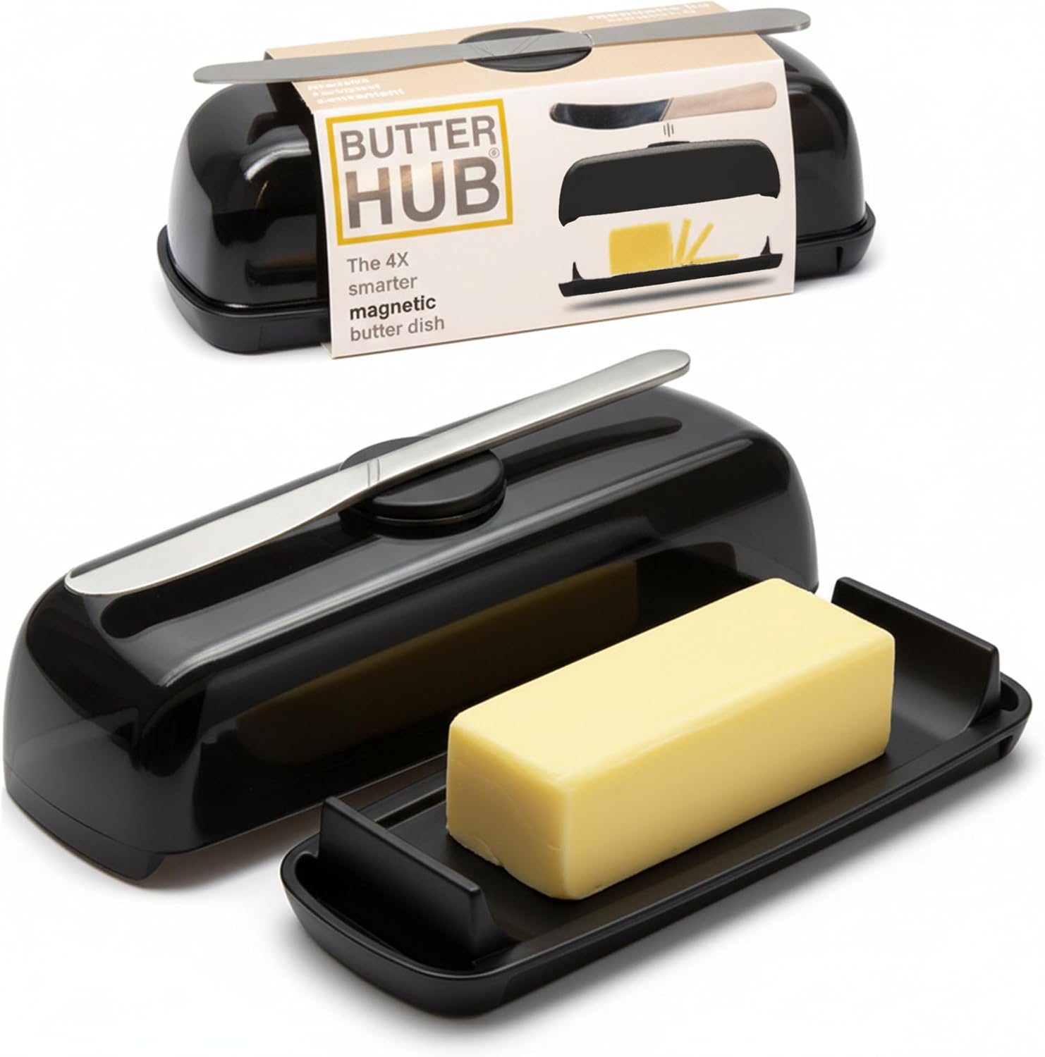 Butter Hub Magnetic Butter Dish with Lid & Knife, Black, US Regular,1stick
