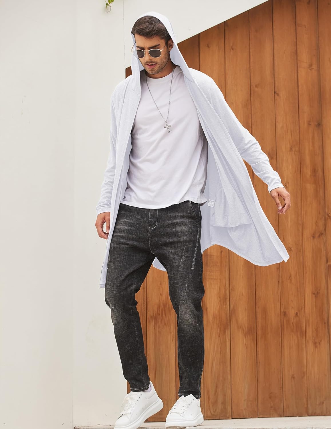 COOFANDY Men's Long Hooded Cardigan Shawl Collar Lightweight Open Front Drape Cape Overcoat with Pockets - Image 4