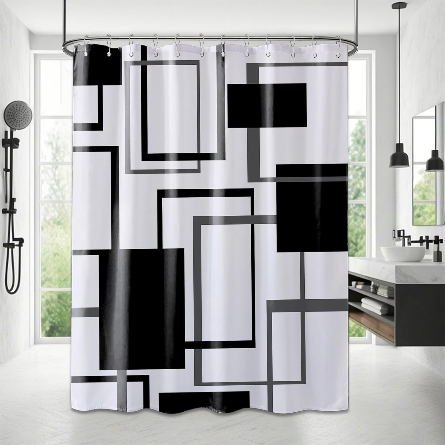 Black and White Shower Curtain Geometric Shower Curtains for Mens Bathroom Decor Black White and Grey Bath Curtain Set, Waterproof Cloth Fabric with Hooks 70 x 84 Inch