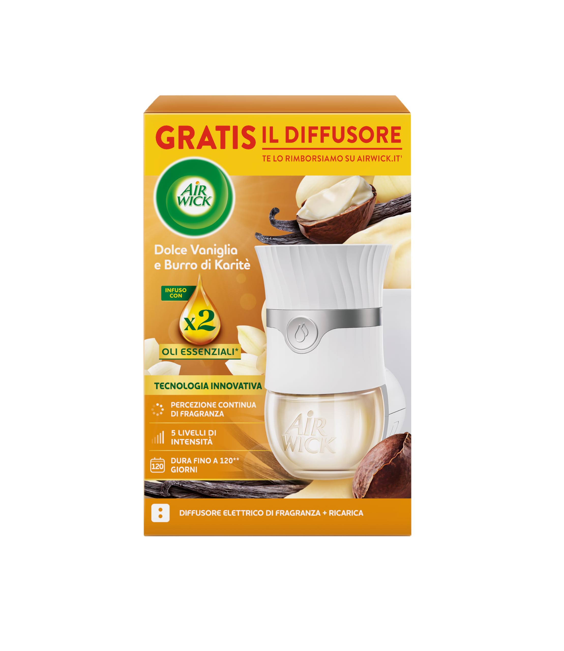 Air Wick Diffusore Elettrico di Oli Essenziali, 1 Diffusore completo gadget, 1 Ricarica per Diffusore Elettrico, Fragranza Dolce Vaniglia e Burro di Karitè
