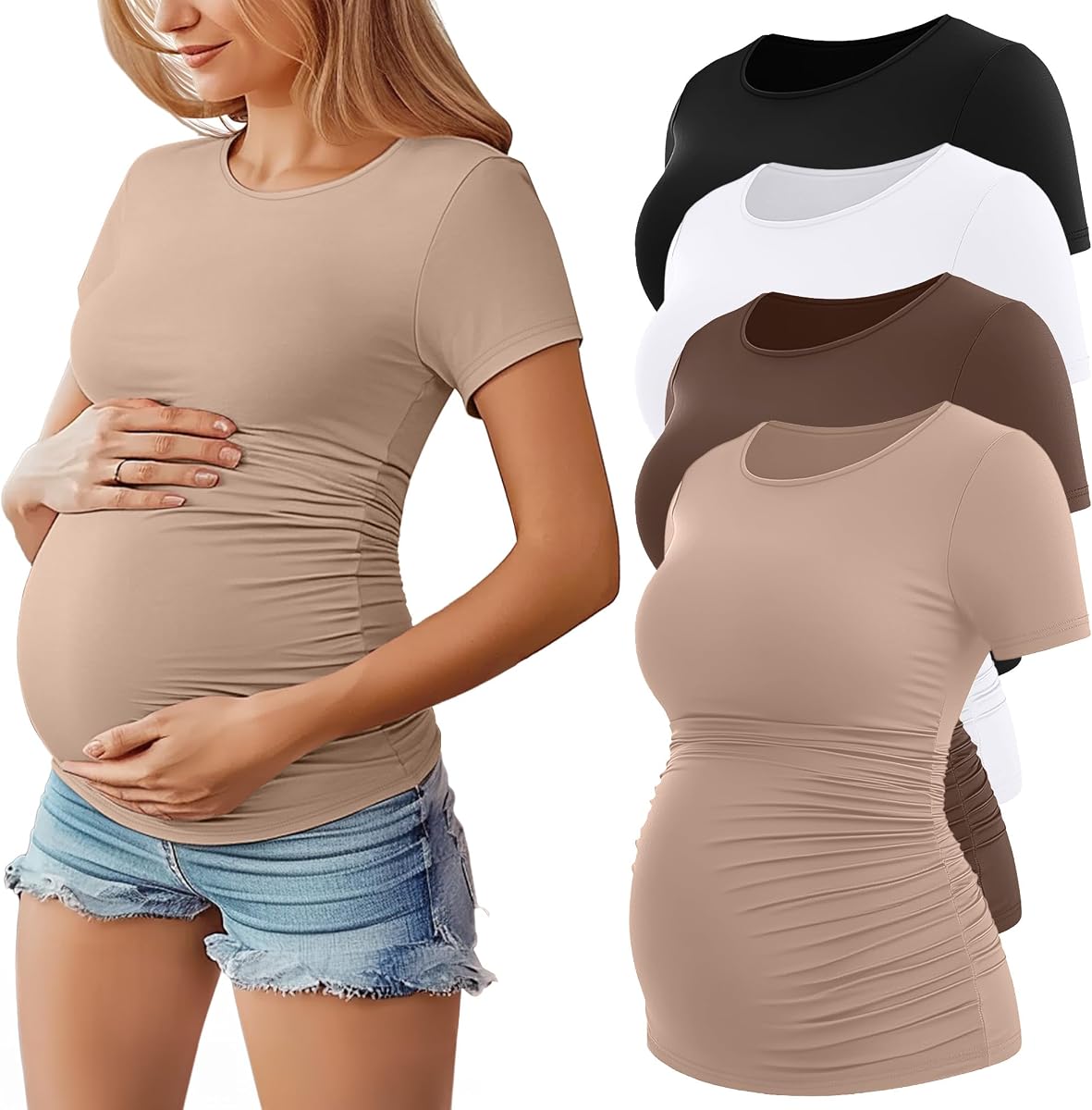 Paquete de 4 camisetas premamá de manga corta para mujer | Camisas de maternidad de algodón con cuello redondo, ropa de embarazo con pliegues laterales ajustados, trajes de maternidad informales de verano, camisetas de mamá de moda