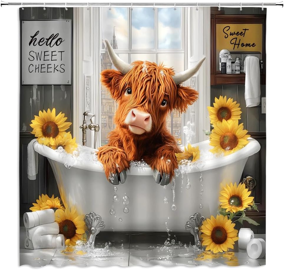 Farmhouse Highland Cow Shower Curtain Rustic Funny Cattle in Bathtub Sunflower Western Wildlife Country Animal Bathroom Decor Polyester Fabric Curtains with Hook 70Wx80H Inches