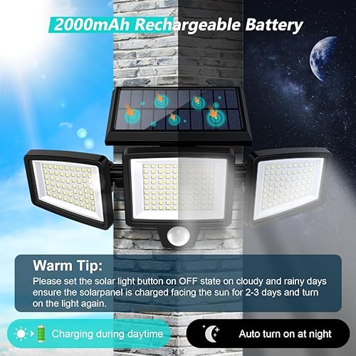 Miniatura 4 de Tuffenough - Lámparas solares para exteriores, 2500 lm, 210 luces LED de seguridad con control remoto, 3 cabezales de luces con sensor de