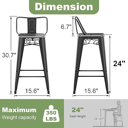 Miniatura 3 de Yongchuang Juego de 4 taburetes de bar de metal, taburetes de bar negros de 24 pulgadas con respaldo de cocina, sillas de bar de altura para Negro