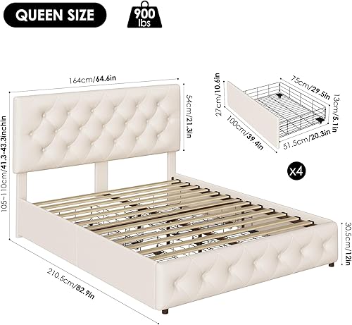 Miniatura 33 de Keyluv Moderna base de cama tapizada con 4 cajones de almacenamiento, plataforma de piel sintética con cabecera capitoné con botones, soporte de