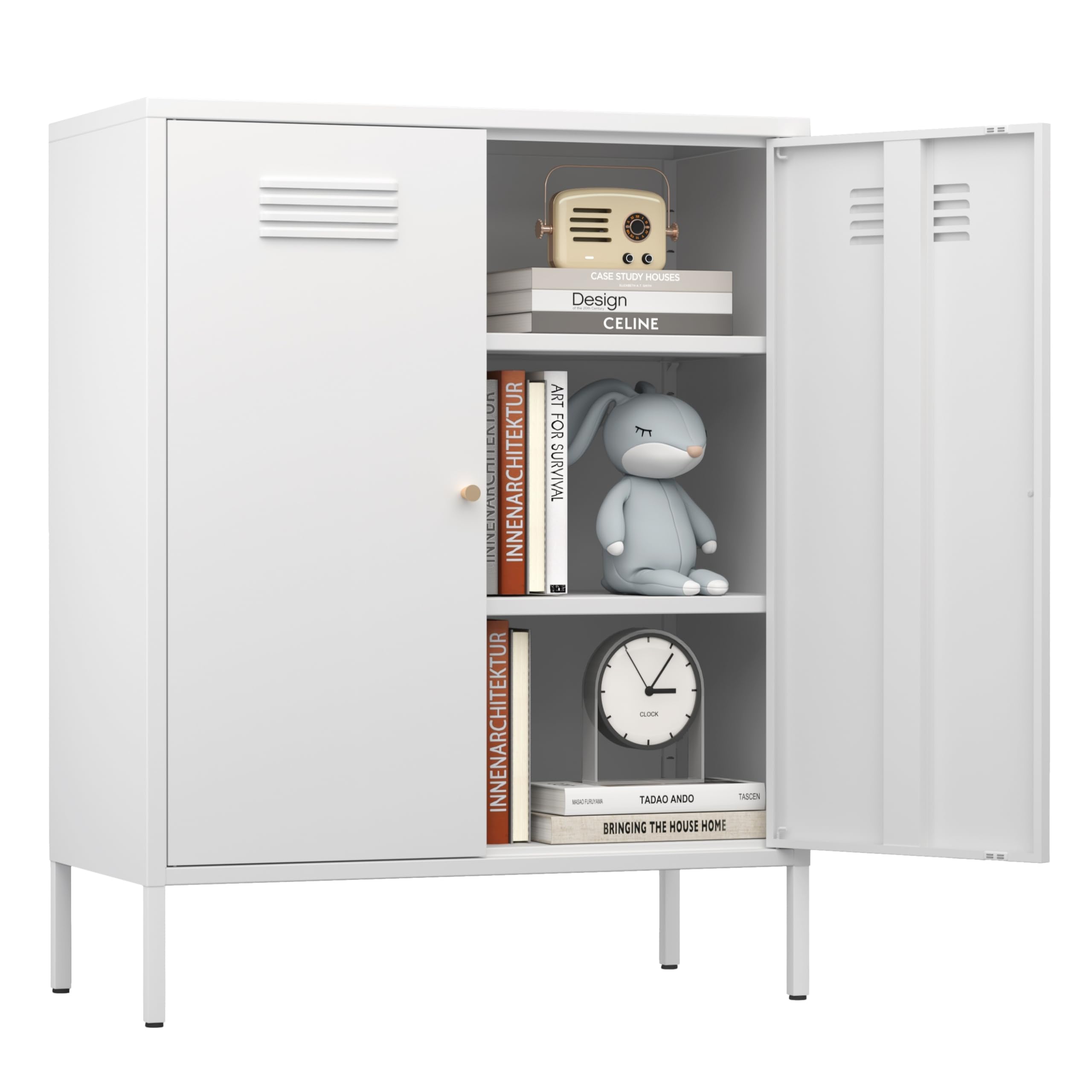 Fumedo 2 Door Metal Storage Cabinet for Bed Room,Living Room,Home,Hotel,Office,Garage,Kitchen,3-Tier,2 Removable Shelves (Metal Door Cabinet, White)