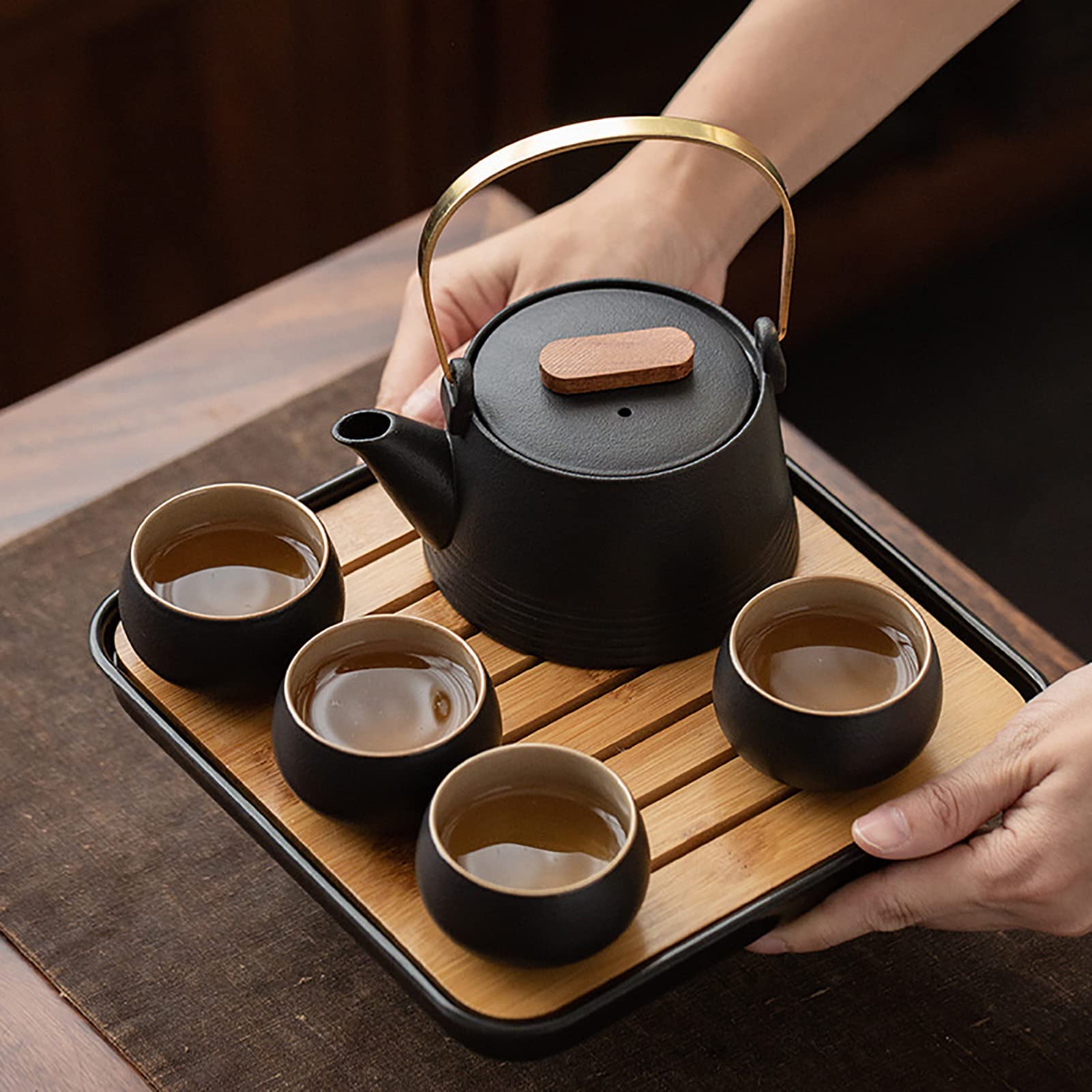 Kungfu zestaw do herbaty, 5 szt. czarny ceramiczny czajniczek w stylu japońskim do domu, biura, podróży, użytku na zewnątrz - porcelanowy tradycyjny dzbanek do herbaty dla miłośników herbaty