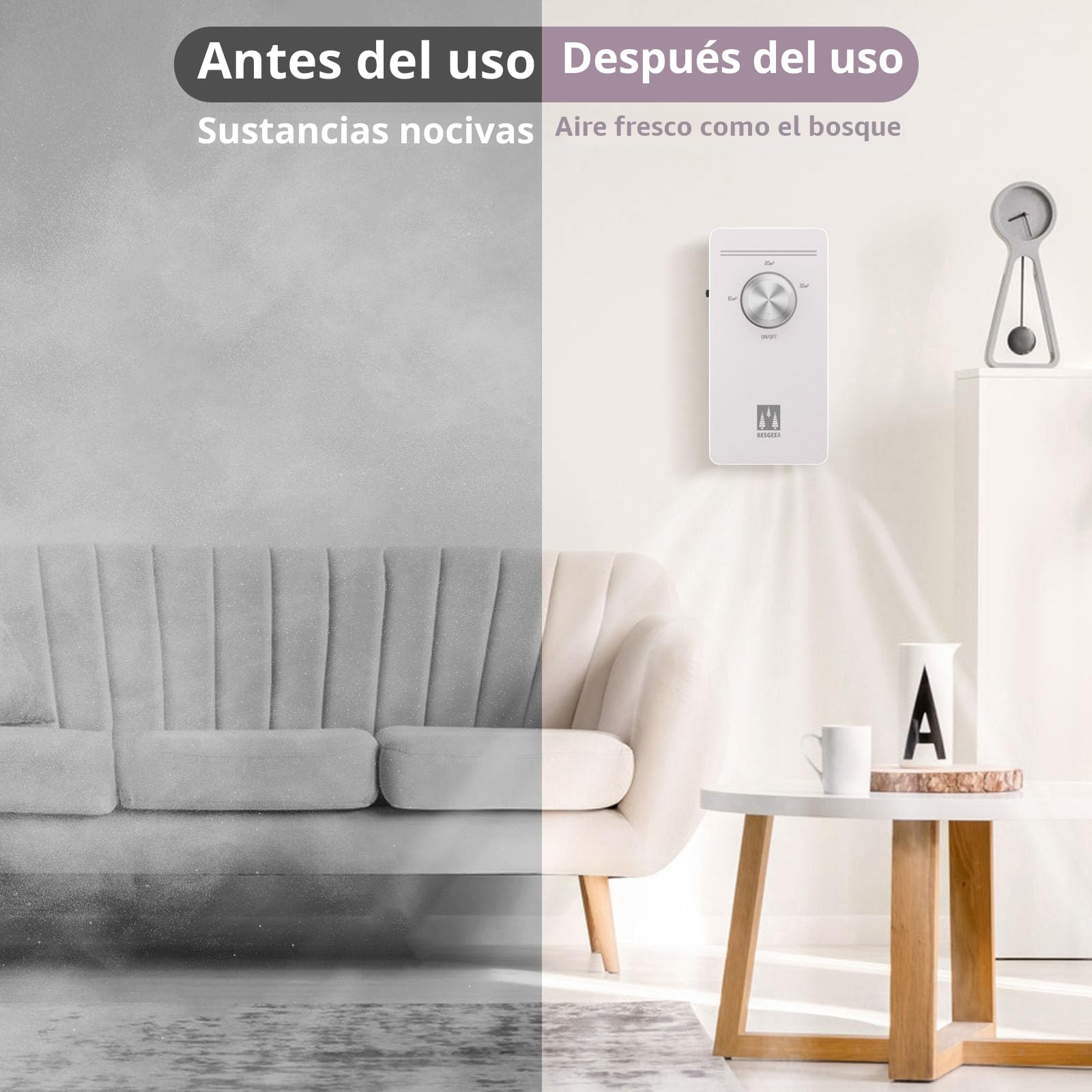 Purificador de aire con de ozono, purificador de aire, para habitación, baño, mascotas, formaldehído y olores, alta eficiencia - Blanco