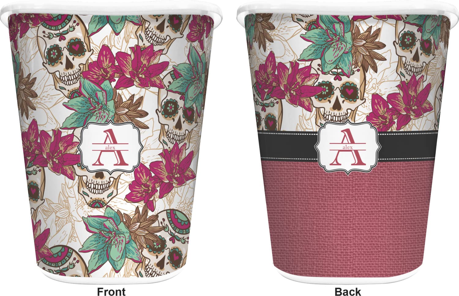 RNK Shops Personalized Sugar Skulls & Flowers Waste Basket - Double Sided (White)