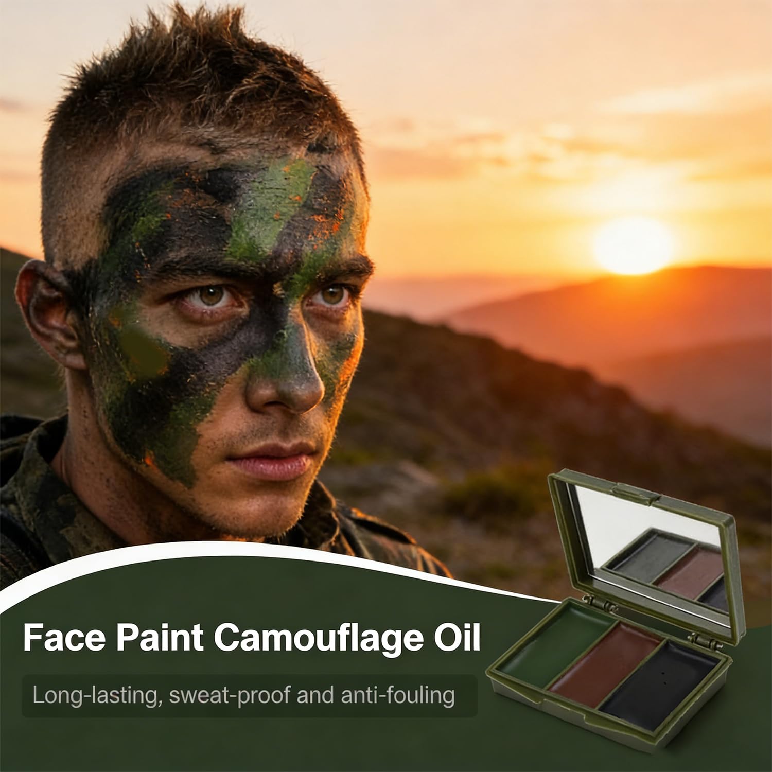 1 trucco mimetico, kit di 3 colori crema con specchio per addestramento militare o giochi CS Camo Woodland attrezzature militari (marrone, verde, nero)