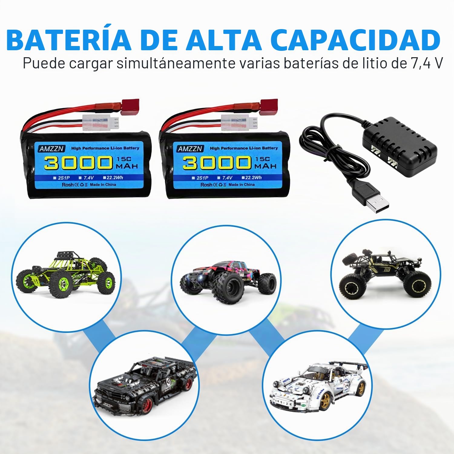 2 baterías de 7,4 V 3000 mAh 15 C 2S en forma de T de iones de litio con cargador 2 en 1 para WLtoys 12423 MJX 14301 14303 14302 H16PL RC coche, camión RC a escala 1/10, 1/12, 1/16