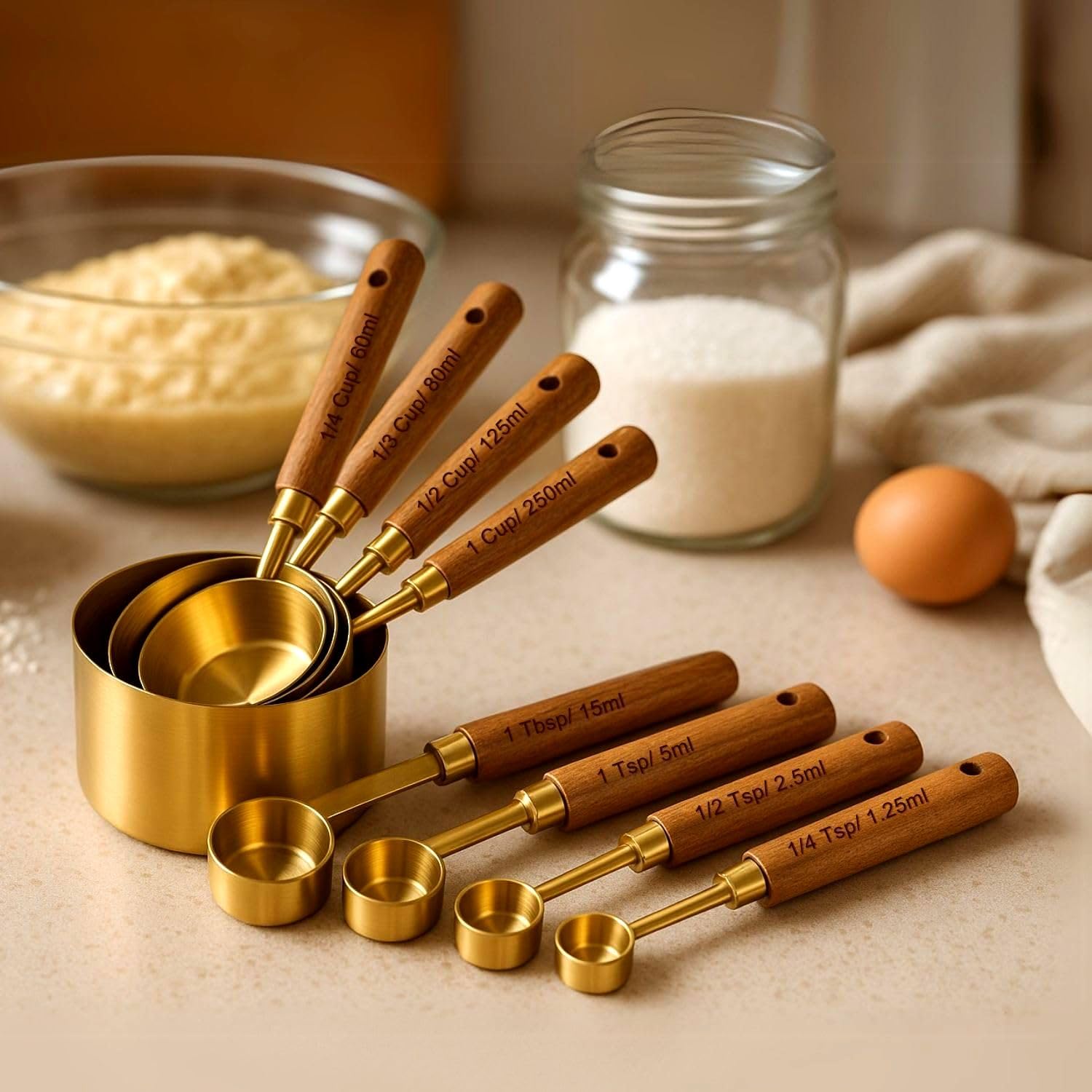 Royalkart Measuring Cups and Spoons with Wood Handle Set of 8, Stainless Steel, Golden Polished Finish, Baking Tools, Dry & Liquid Measuring Cup for Cooking