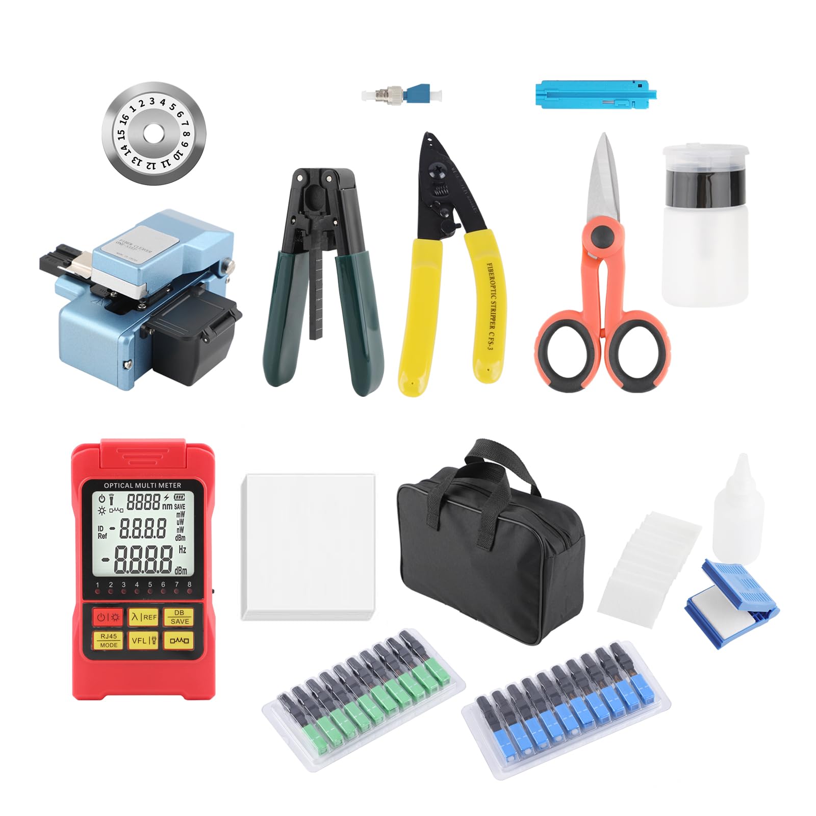 Fabric Kit FTTH Tool kit mit Faser Optik Cutter, Glasfaser-Abisolierzange,Lichtwellenleiter-Tester, Visueller Fehlersucher, Faser Stripper (Kit8)