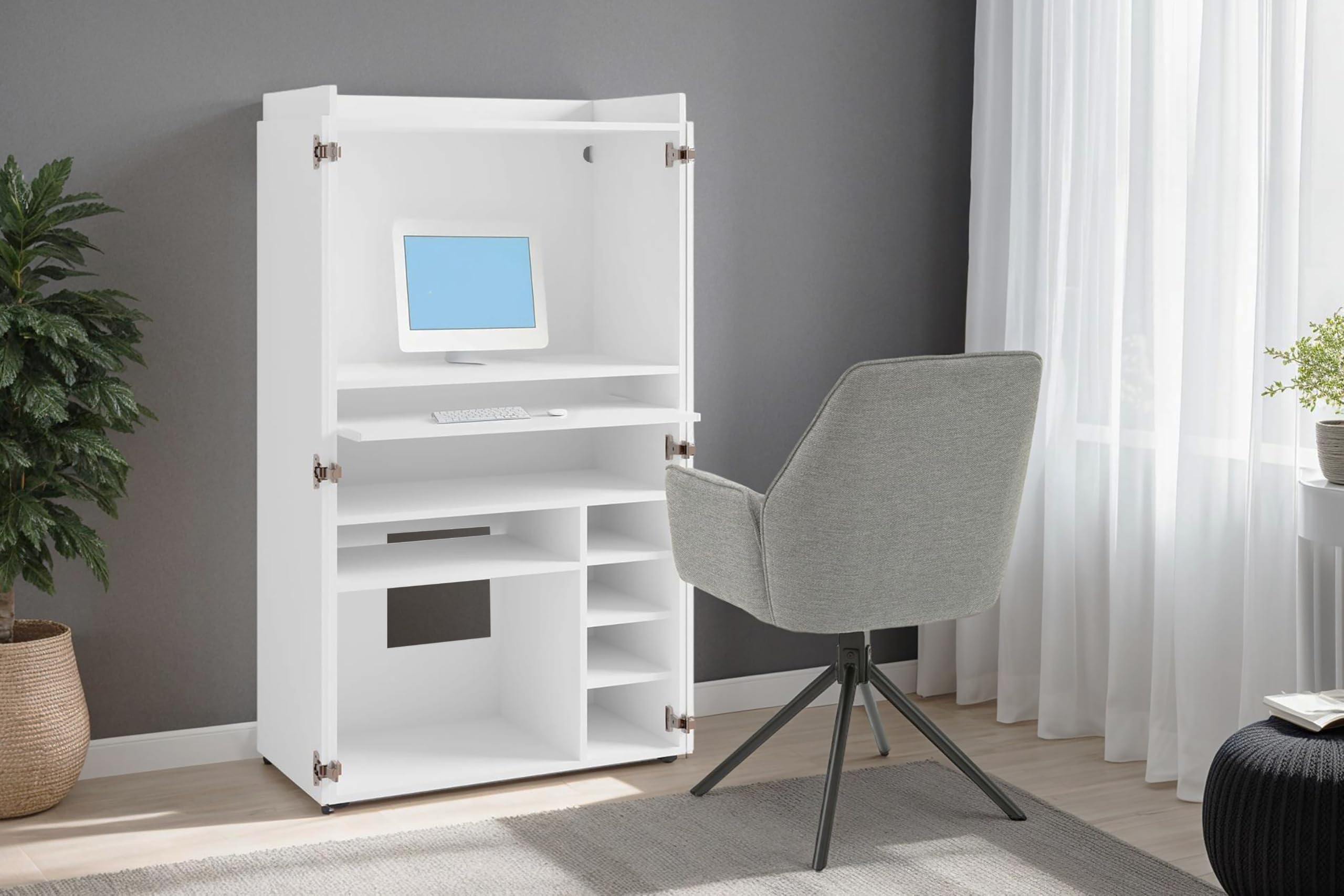 byLIVING Sekretär Janne, Grifflos, Sekretär Mattweiß, B 80, H 141, T 40 cm | Office-Schrank mit 2 Türen, platzsparend