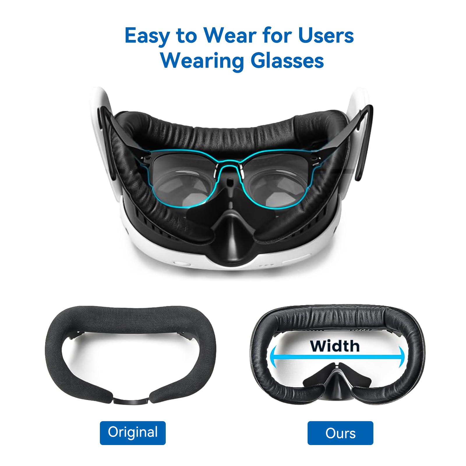 Gezichtsinterface en siliconen gezichtsbedekkingskussen voor Meta Quest 3, PU-lederen kussen met neusbescherming, anti-lekkage en lensbeschermer voor Meta Quest 3-accessoires (blauw