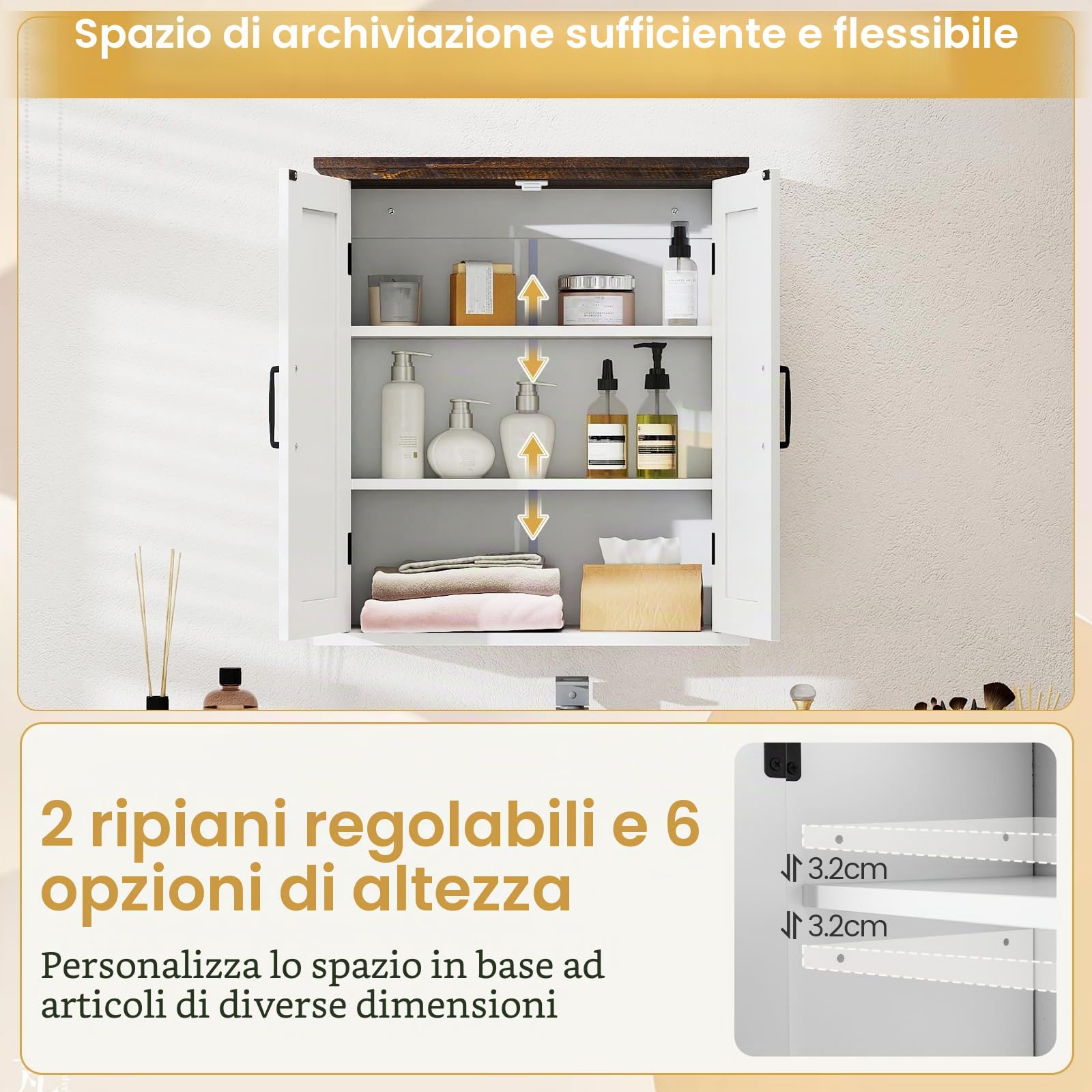 Giantex Armadietto pensile da parete con 2 ripiani regolabili e 2 ante, in stile rustico, salvaspazio per bagno, cucina e soggiorno, 53,5 x 22,5 x 60 cm