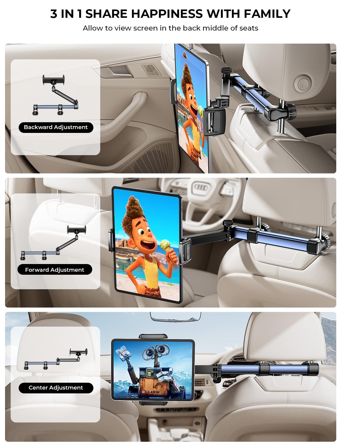 TRYONE Support Tablette Voiture appuie-tête – Bras Long 46 cm, 3-en-1 pour iPad, Switch, Smartphones 4,7–16,1", idéal Enfant & Voyage | Bras ultra-long 46 cm à triple axe pour placer la tablette au centre du siège arrière.