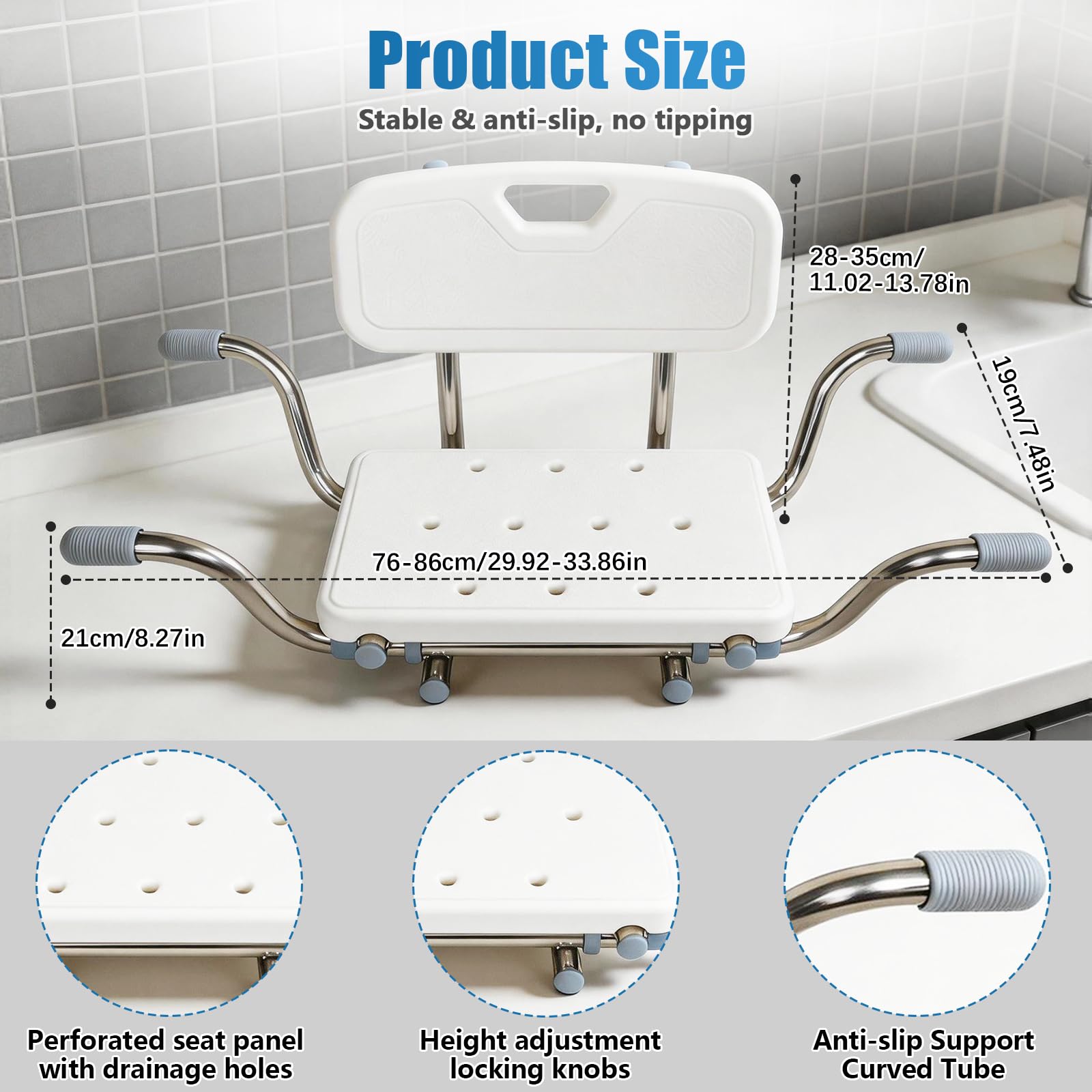 Asiento Bañera Adulto, Silla de Ducha con Respaldo Ajustable Mayores | Taburete Baño Antideslizante Con pasamanos 76-86 cm Regulable Soporta 150 kg Acero Inoxidable
