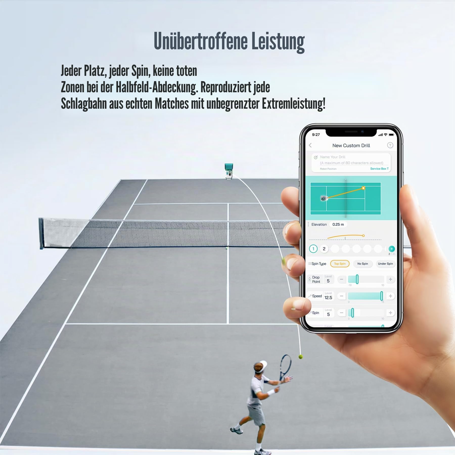 PONGBOT Tennisball-Maschine, App und Fernbedienung, benutzerdefinierte Bohrer, 150 Bälle, max. 80 km/h, 8+ Stunden Ausdauer, Dual-Motor für Topspin und Backspin