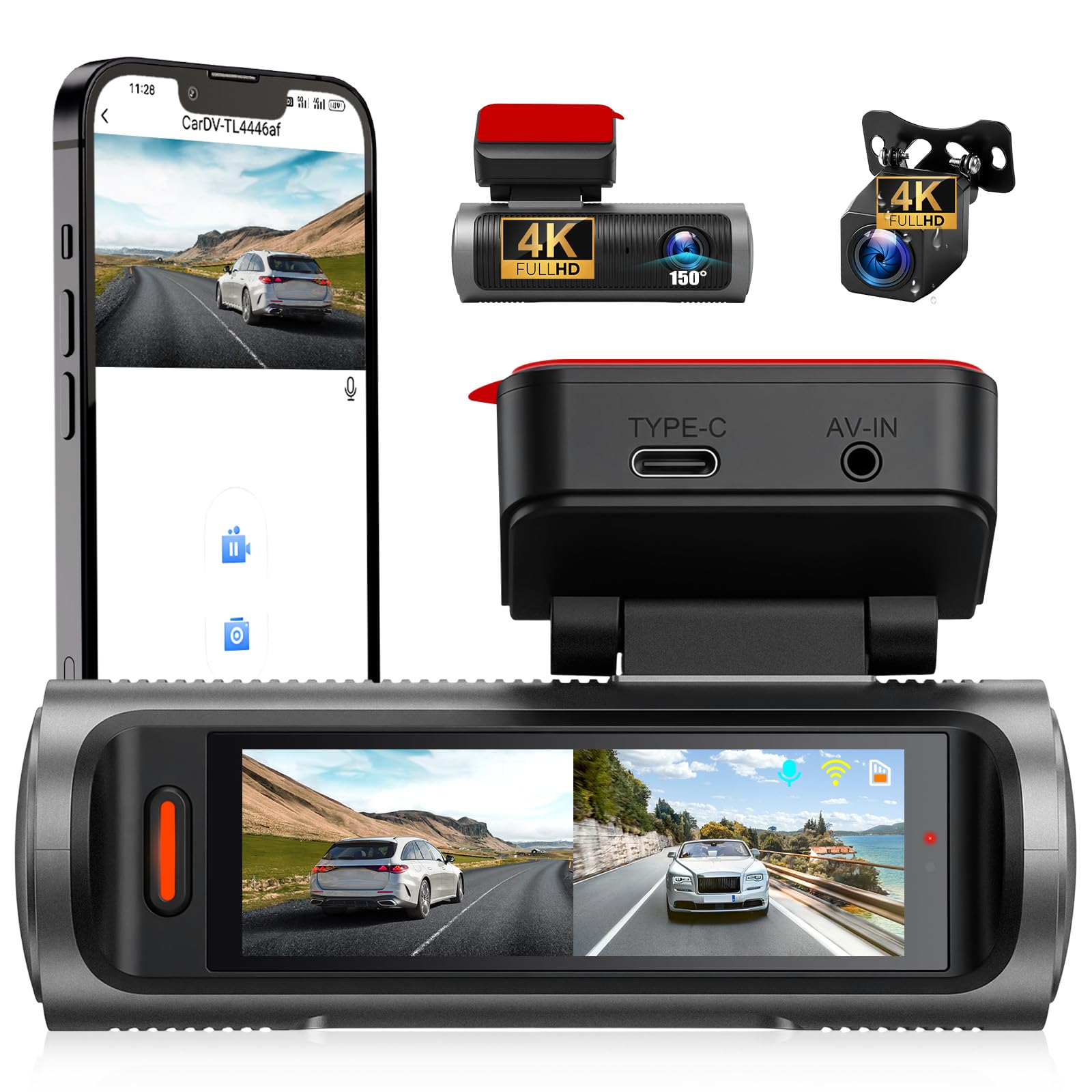 OiLiehu Cámara para Salpicadero 3,19 Pulgadas para Coches, Grabación Frontal e Trasero UHD 4K+4K, Lente Dual con G-Sensor/Control App/Grabación en Bucle/Visión Nocturna/Asistencia de Marcha Atrás