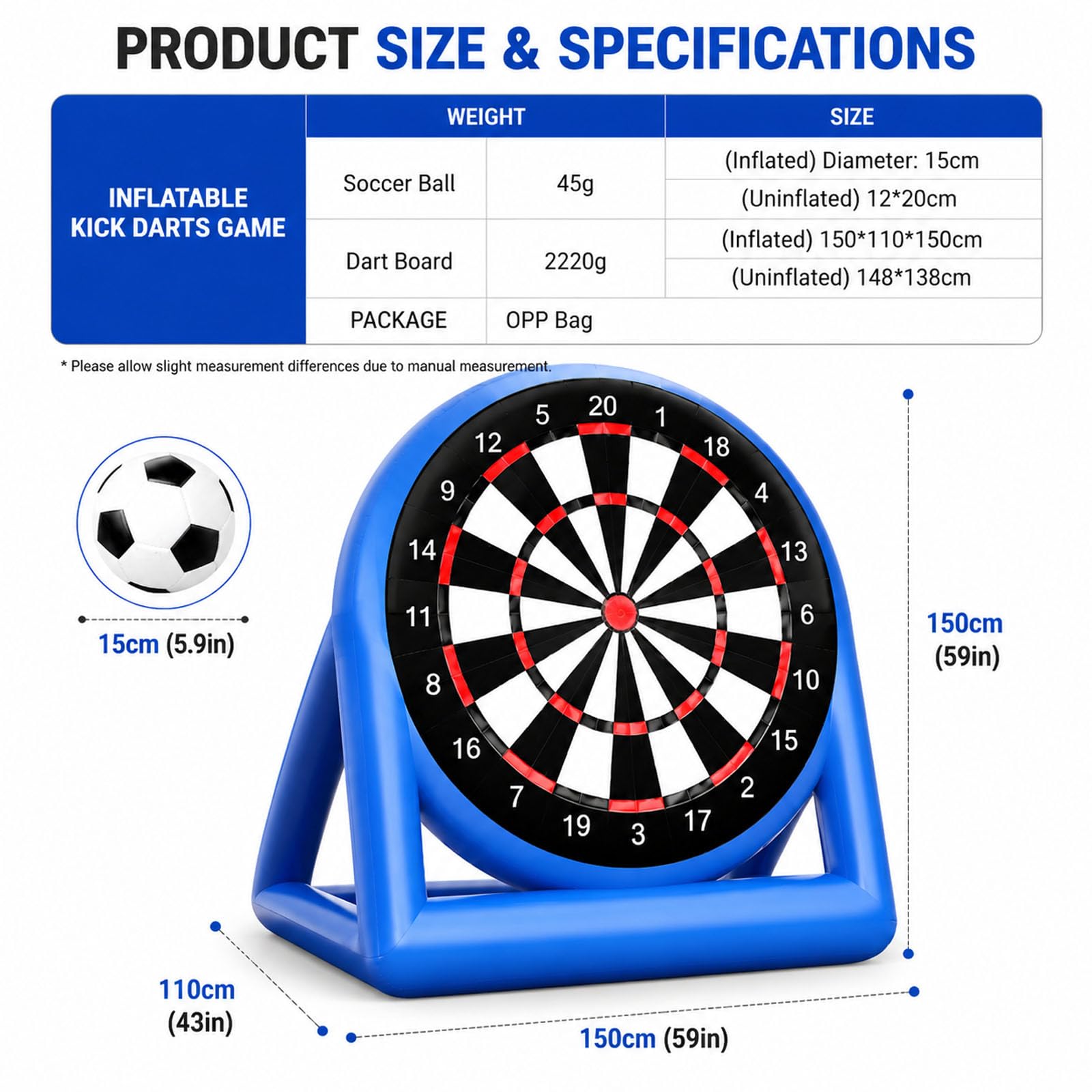 Tablero inflable gigante de dardos de fútbol con bomba de aire, fácil de inflar, incluye 2 pelotas de fútbol, perfecto para fiestas de césped al aire libre y juegos de carnaval