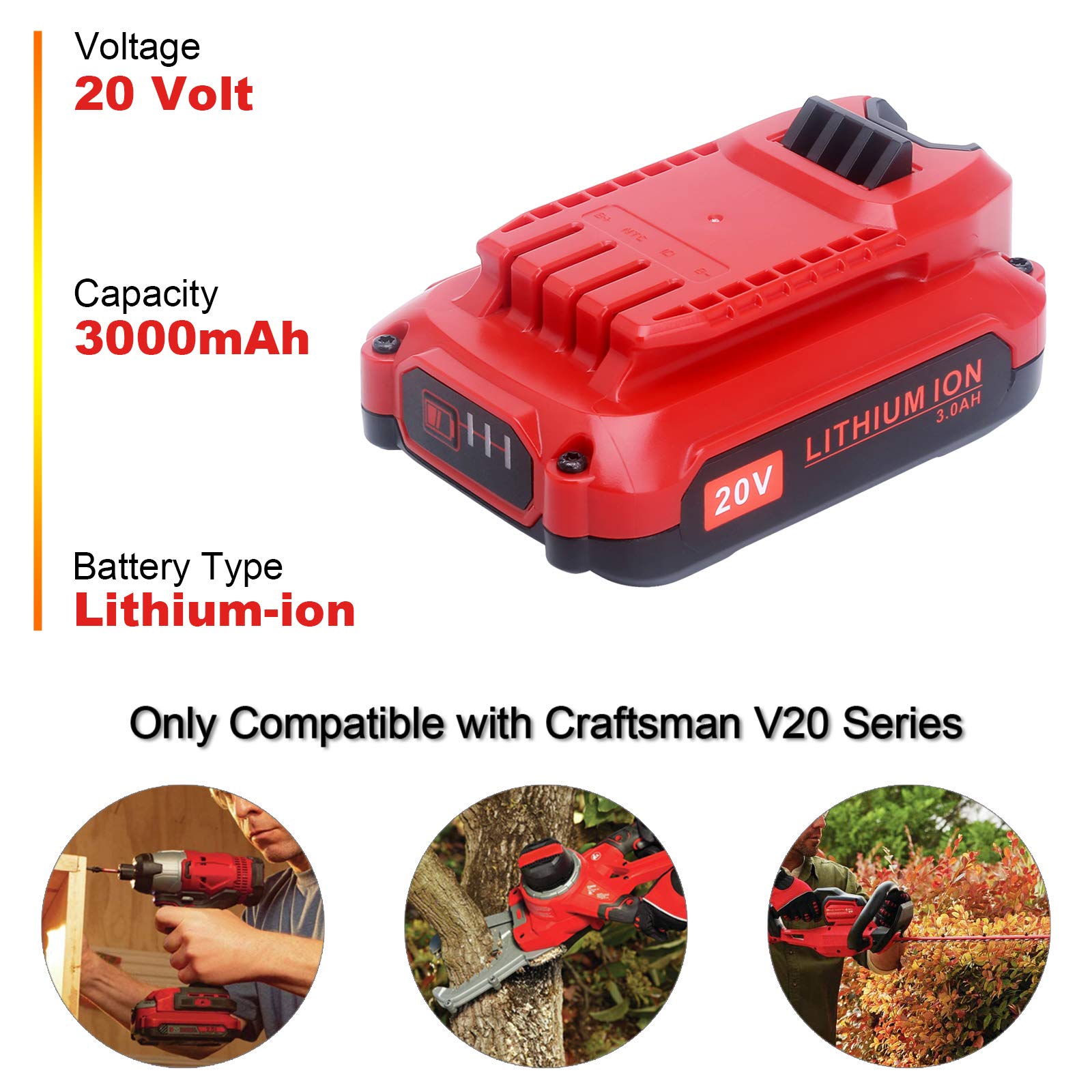 ELEFLY 2 Pack 20V 3.0Ah Lithium Battery Compatible with Craftsman 20V Battery CMCB201 CMCB202-2 CMCB204-2, Compatible with Craftsman V20 Series 20V Max Cordless Power Tools