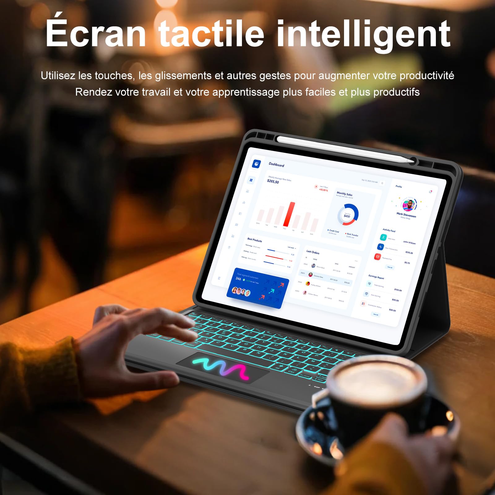 Etui na klawiaturę do iPada Air 13 2026/2025/2024 M4/M3/M2 z panelem dotykowym, francuska wymienna klawiatura bezprzewodowa Bluetooth do Apple 13-calowy iPad Air (niebieska obudowa + podświetlenie