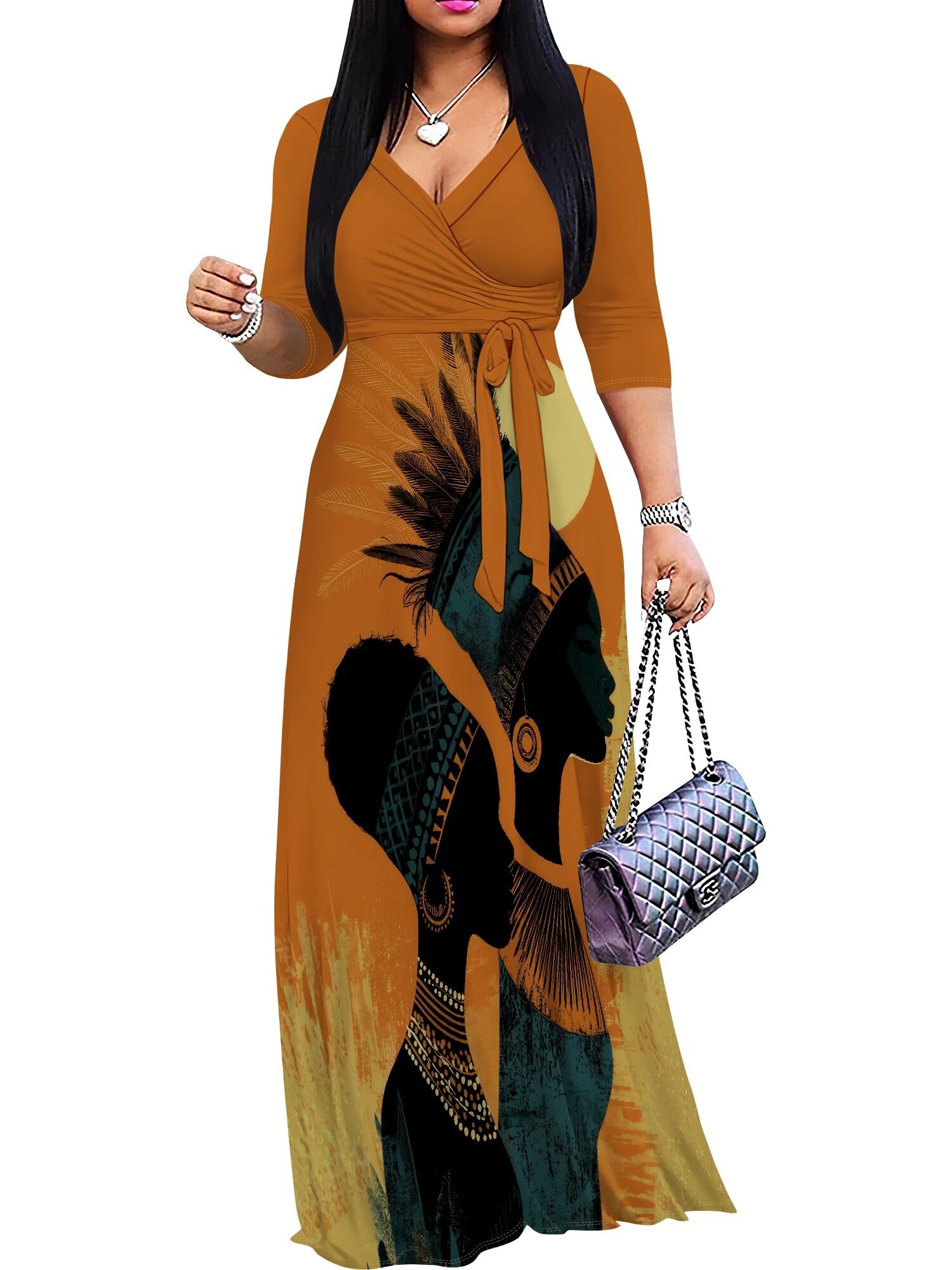 PinkPatty Women's Plus Size V Neck 3/4 Sleeve Wrap Maxi Dress with Belt | Boho wrap maxi dress with tie belt for vacations, weddings, church, parties, dinners, travel, and everyday wear