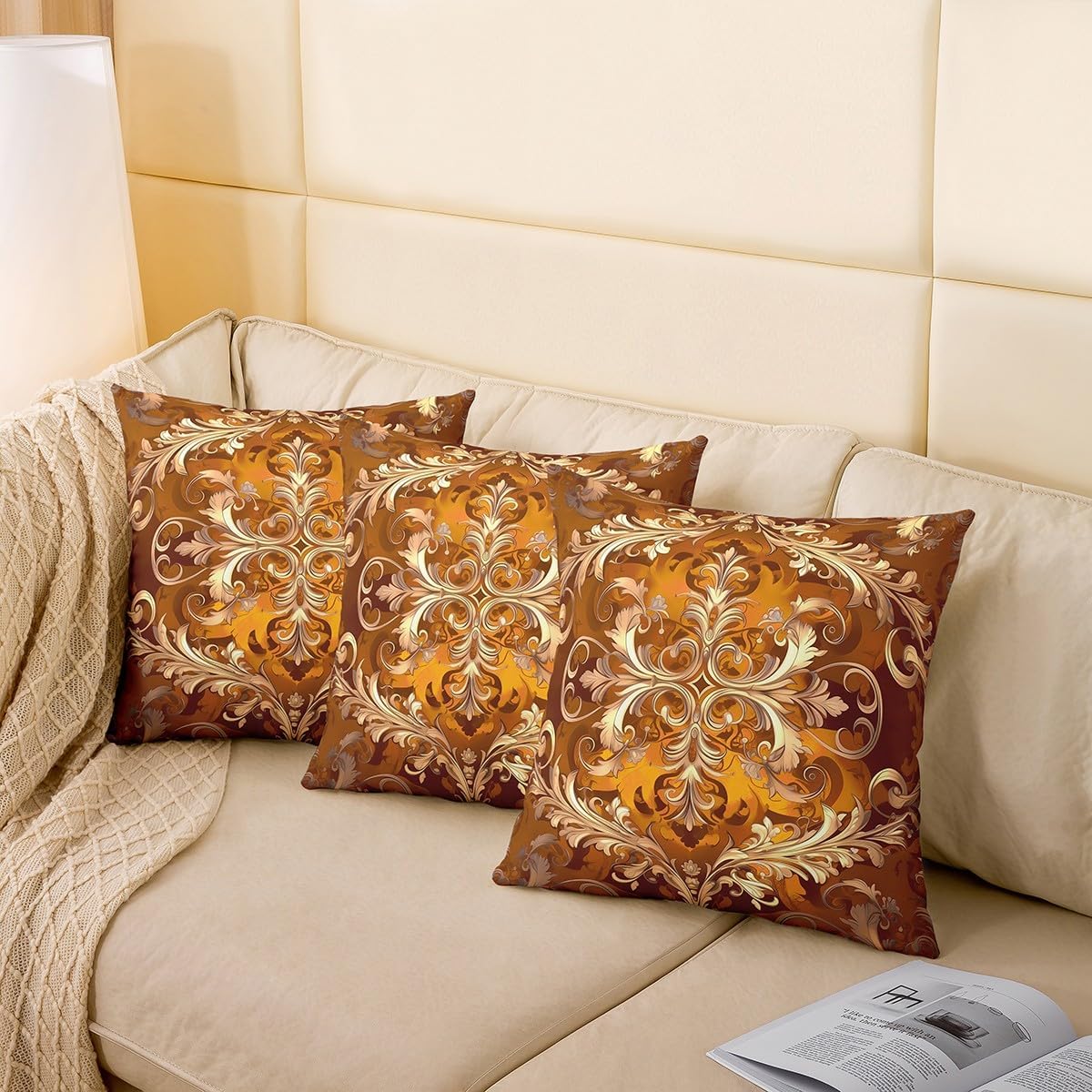 Erosebridal 2Pcs of Paisley Pillow Covers 24x24,Golden Yellow Geometric Flowers Throw Pillow Covers,Bohemian Exotic Decorative Accent Pillow Cases European Floral Print Cushion Covers for Chair