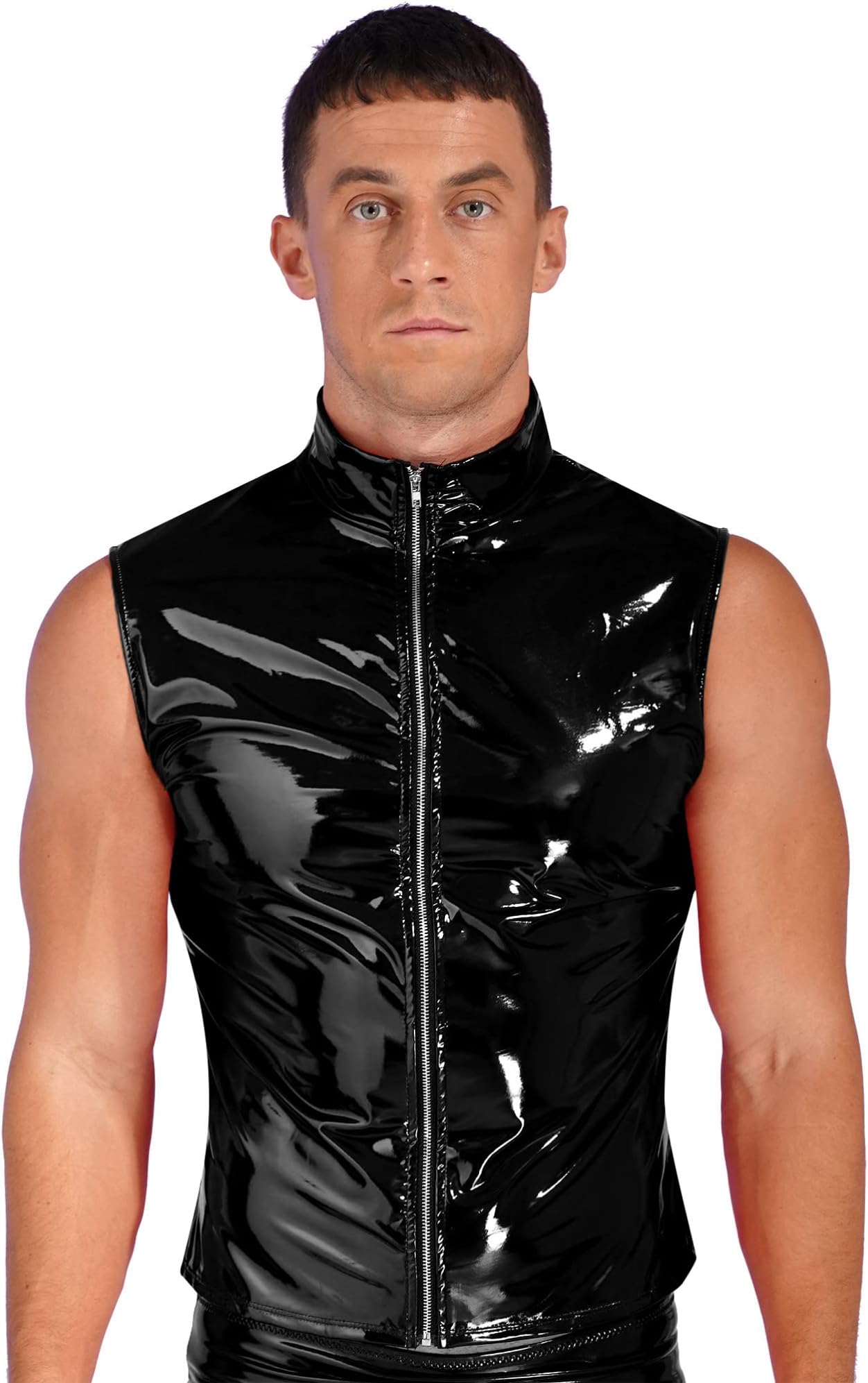CHICTRYMen's Wet Look Zipper Sleeveless Jacket Waistcoat T-Shirt Latex Moto & Biker Punk Tops Vest