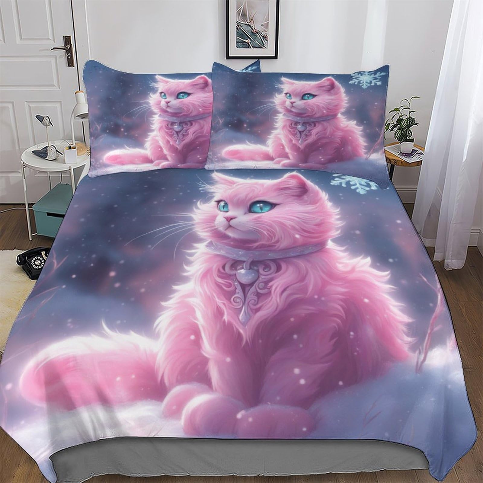 Housse de couette chat 3D parure de lit microfibe 220x240cm fermeture éclair King