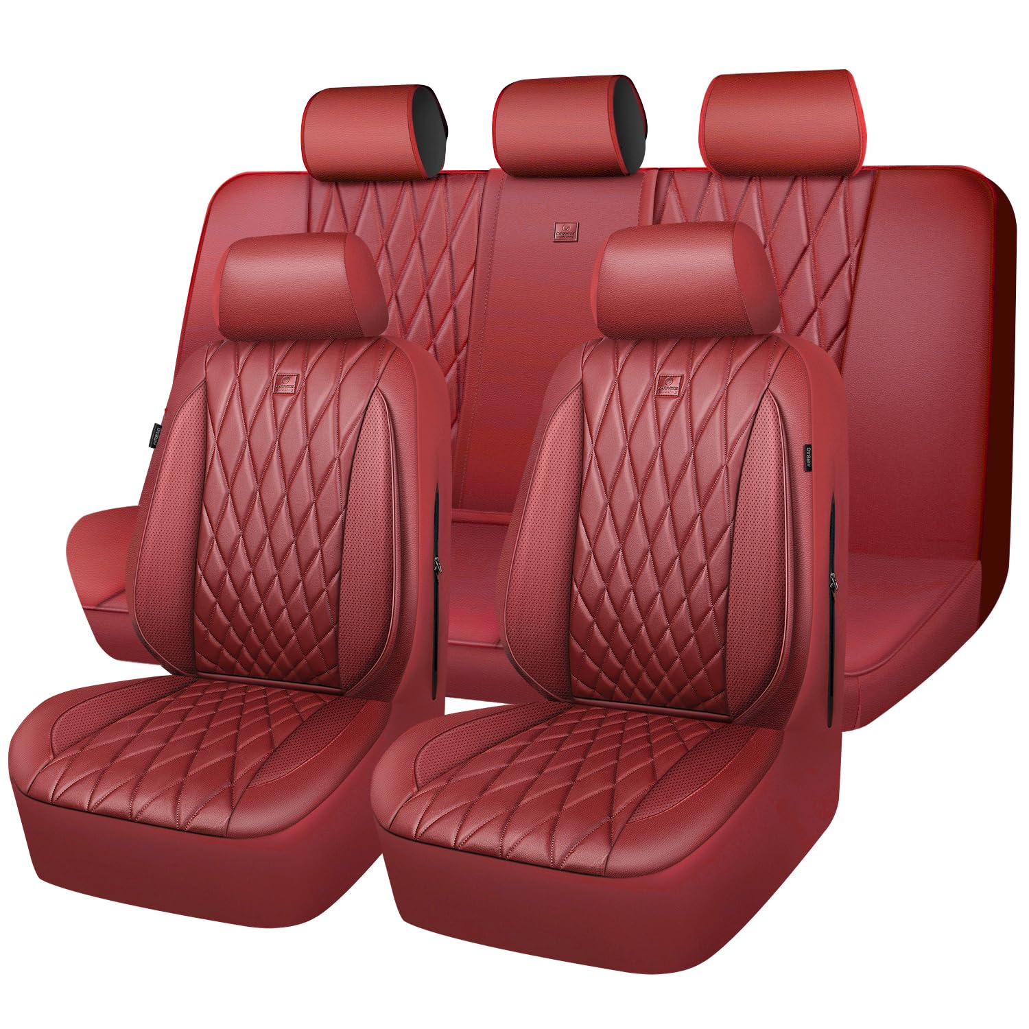 CAR PASS Piping Luxury Faux Leather Seat Covers Full Set, Premium Delux Anti-Slip Waterproof Automotive Seat Cover Universal Fit for Sedans Suvs Vans Trucks, Armrest & Airbag Compatible, Burgundy Red