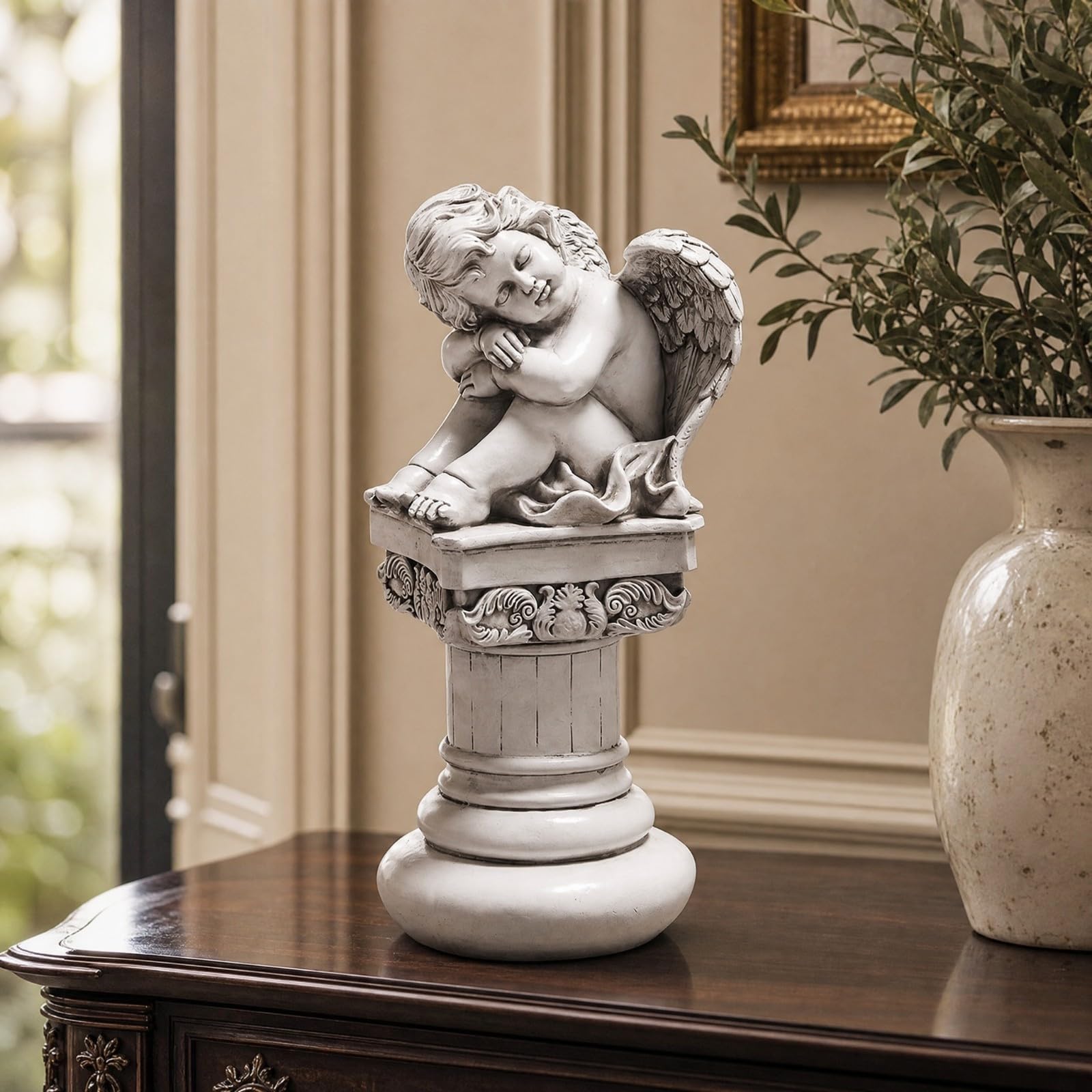 Milageto Sculpture d'ange sur Colonne Romaine Décoré Statue Colonne Romaine Antique Ornement pr, Ange Pensif