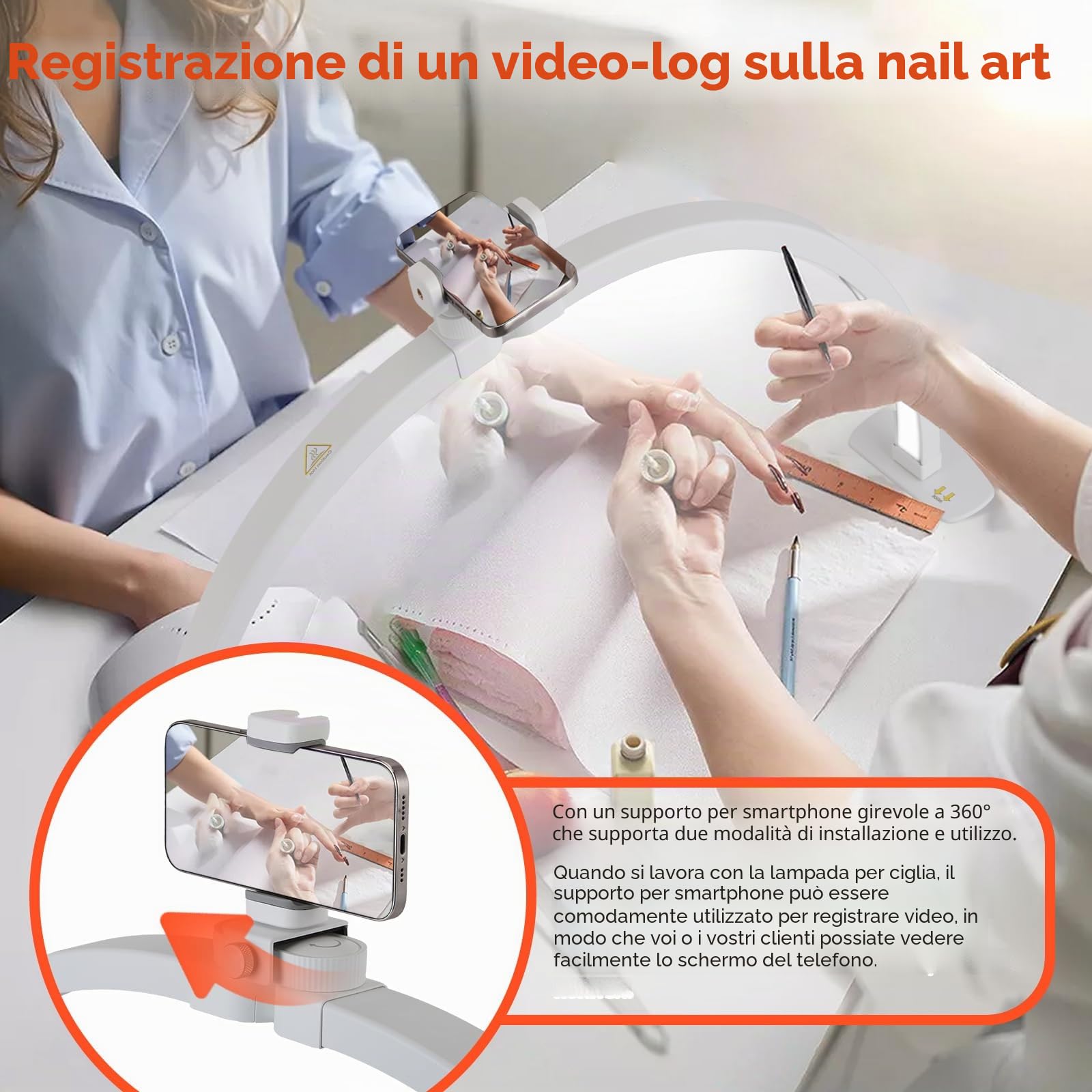Lampada Mezzaluna per Tavolo per Unghie, Lampada da Tavolo LED Pieghevole per Tecnici delle Unghie con Supporto per Telefono, Lampada da Tavolo per Unghie con 3 Modalità di Colore e 10 Livelli