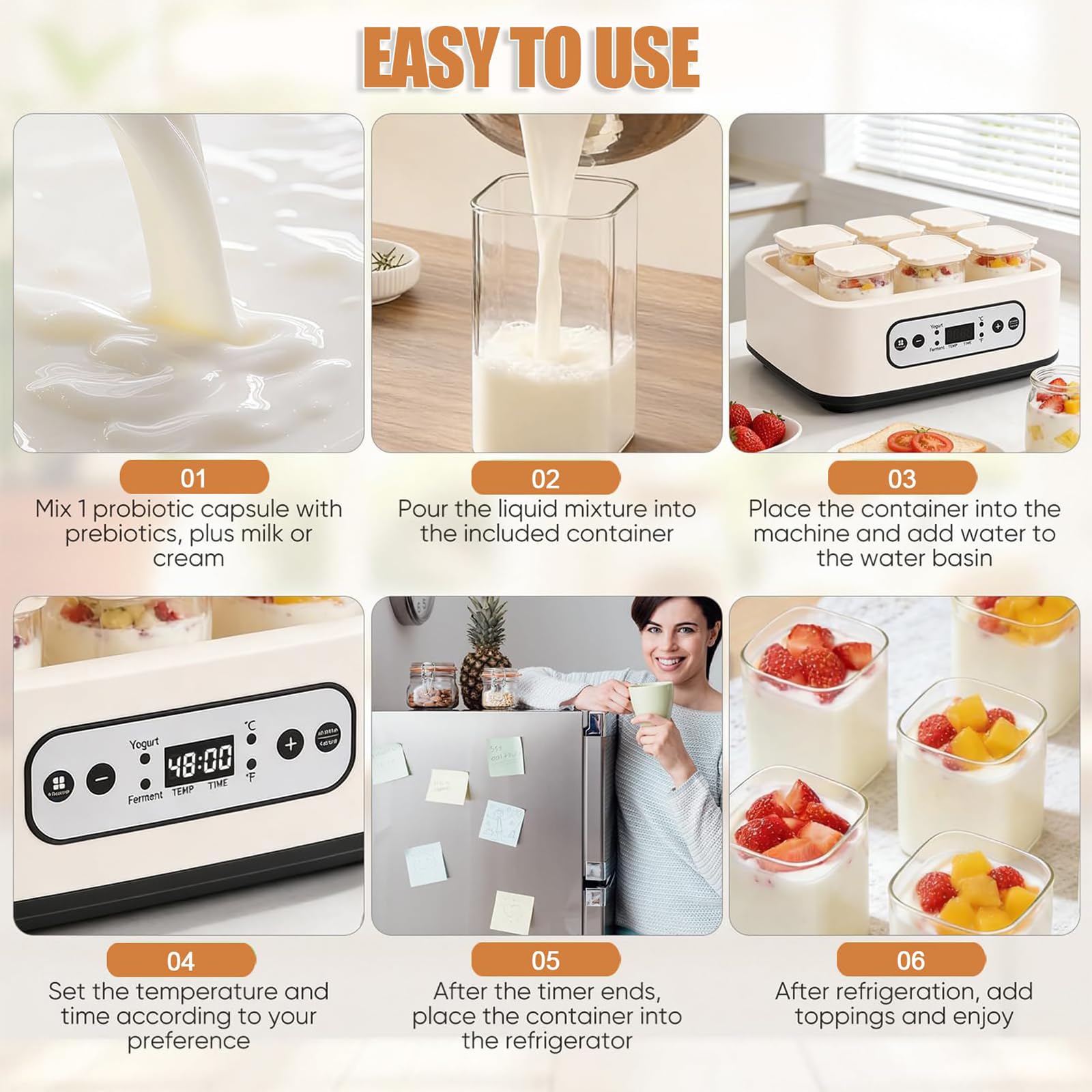 Yogurtera, Máquina Eléctrica De Fermentación De Yogur De 20W con 6 Frascos De Vidrio De 250 ml, Control De Temperatura Y Temporizador, Yogurtera Multifuncional para Vino De Arroz Casero Y Postres