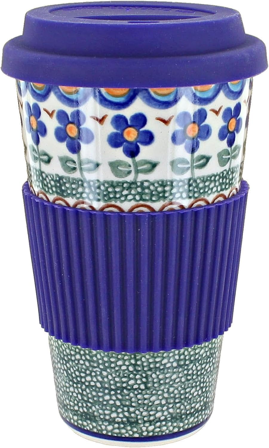Blue Rose Polish Pottery Aztec Flower Travel Coffee Mug