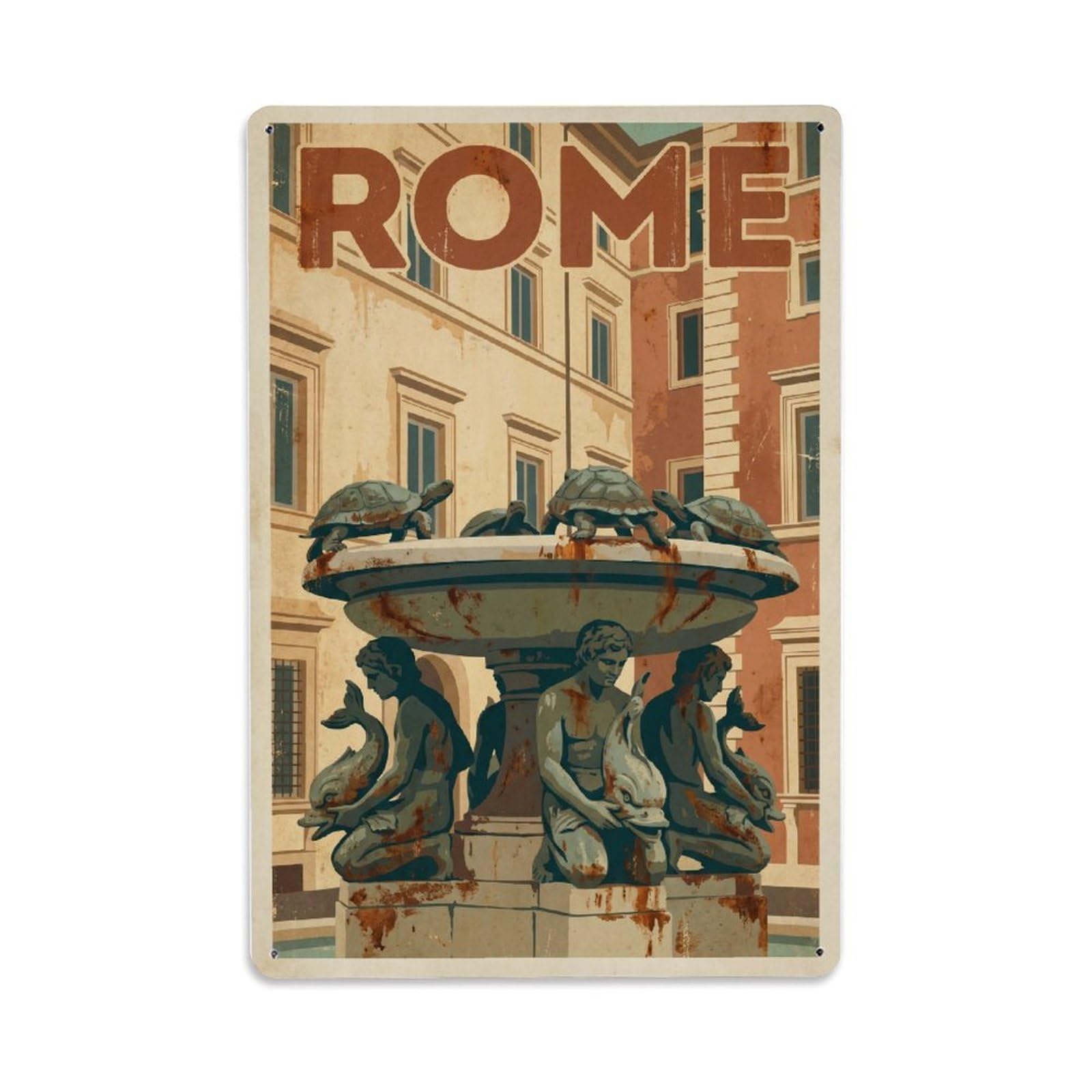 Vintage Travel Rome Piazza Mattei Turtle Fountain Renaissance Rusted Italy Metal Tin Sign Plaque Wall Decor for Cafe, Club Bar, Office, Home Garden Metal Poster 8x12Inch