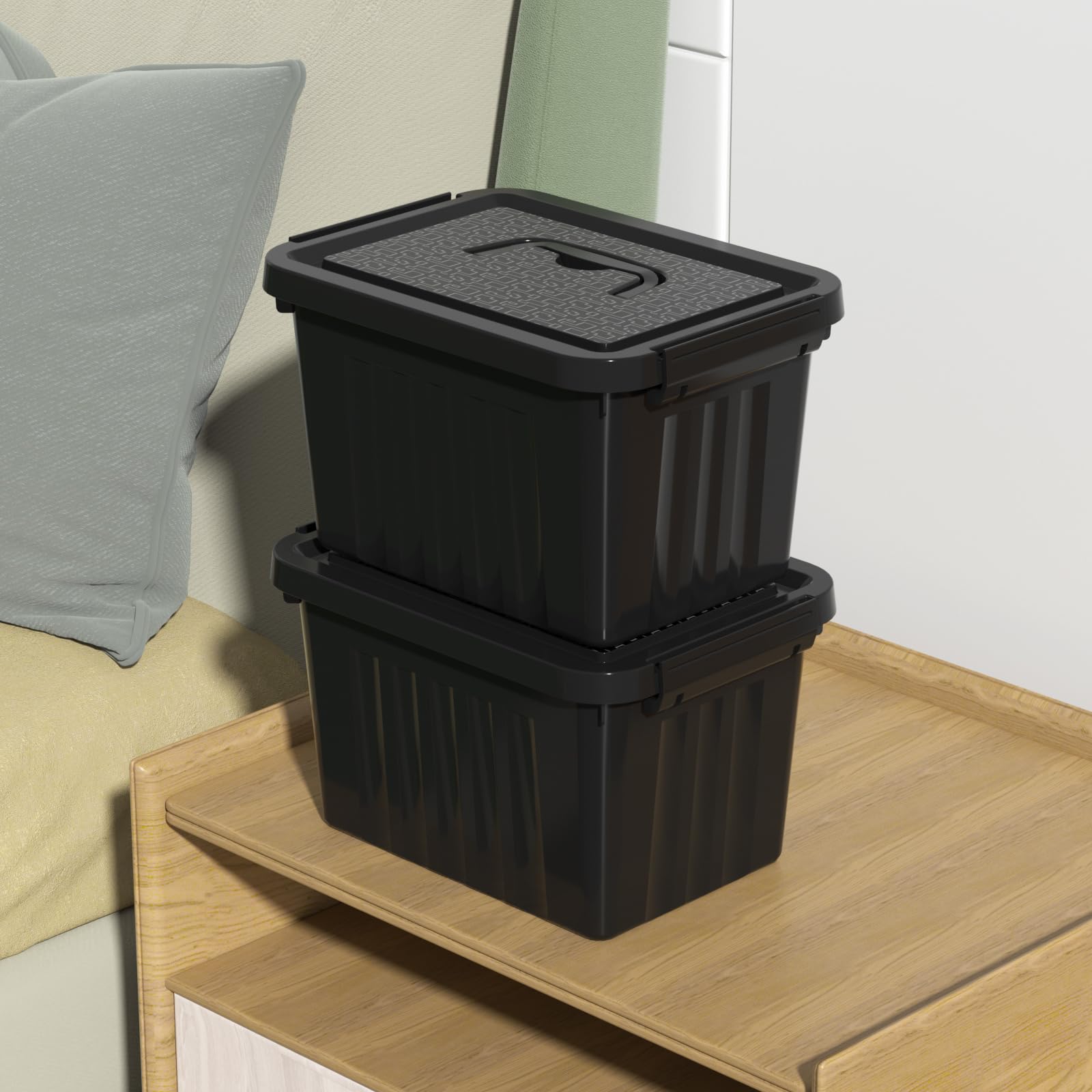 Contenedor de plástico negro de 6 cuartos de galón con asa, paquete de 6 | Cajas pequeñas de plástico con tapa
