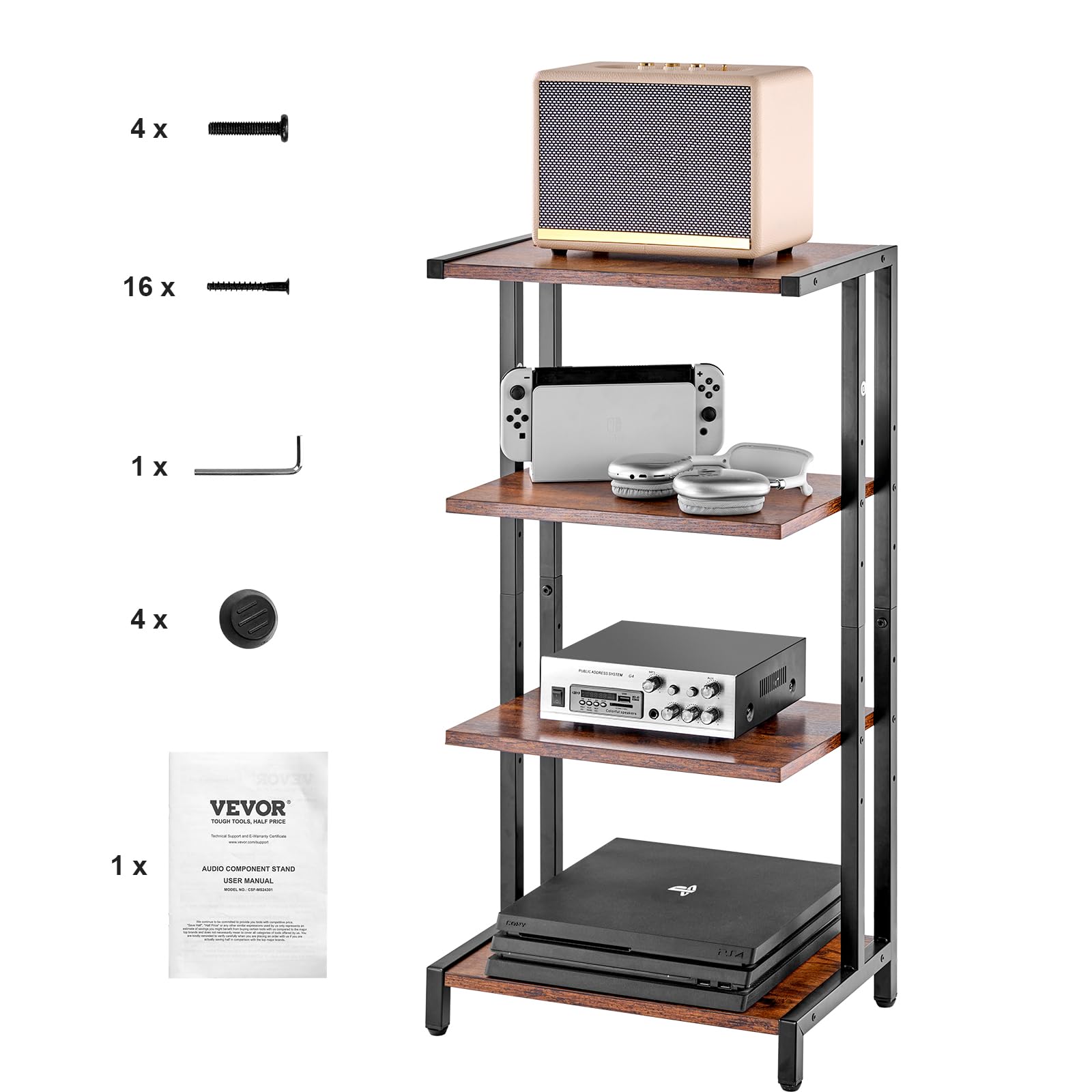 VEVOR Scaffale Portaoggetti Multimediale Altezza Regolabile 420 x 280 x 818 mm, Supporto Multimediale Audio-video 4 Ripiani in Legno per Attrezzatura Multimediale, Mobiletto Portaoggetti Marrone