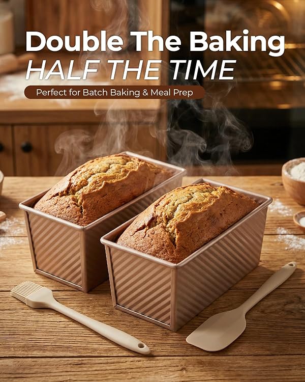 CARTMAN Bread Loaf Pan 2 Pack, 8x4 Pullman Loaf Pan with lid and a Silicone Spatula and Basting Pastry Brush, 1 lb Dough Capacity,Non-Stick Carbon Steel bread pans for homemade bread Champagne Gold by CARTMAN - Used condition - Image 5