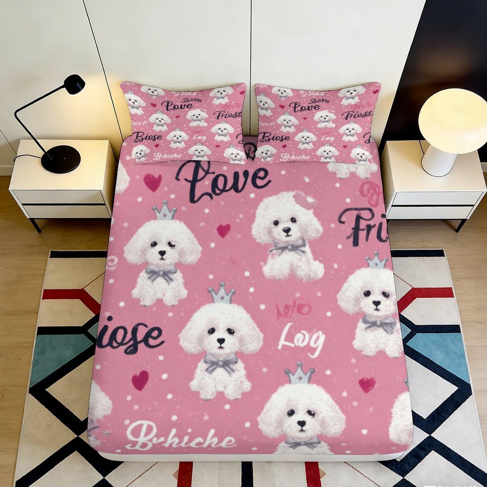 3D Printed Cute White Poodle Fitted Sheet Microfiber Pink Cartoon Dog Bed Cover for Bedroom Guest Room Dorm Mattress Protection Decor 160x200x25cm