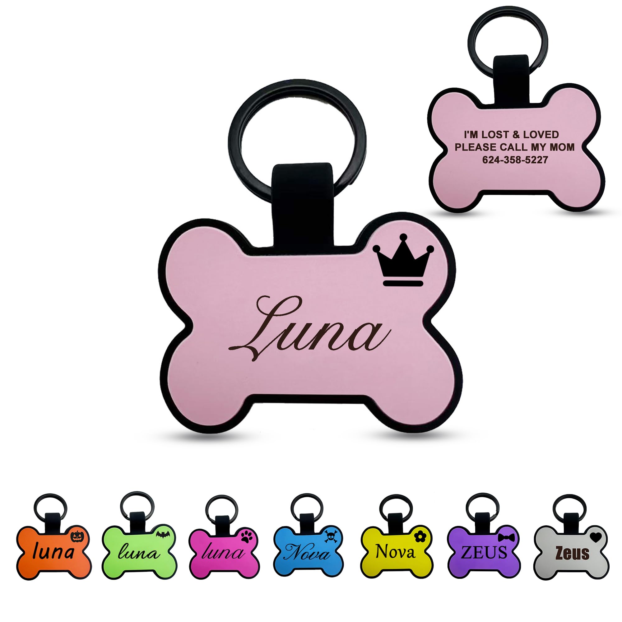 2 Pack Silicone Dog Tag, Personalized Silent Pet Tag with Unique Name Pattern Art Design, Pet Id Name Tag Bone Design for Dogs Small Medium and Large