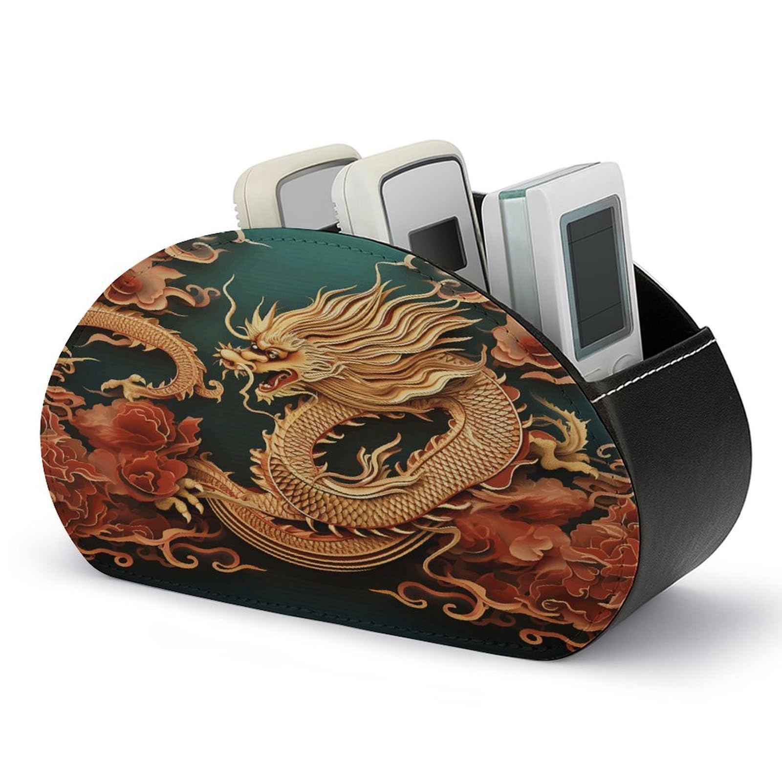 VstaDank Dragon Chinese Background Remote Control Holder Farmhouse TV Media Remote Storage Box with 5 Compartments PU Leather Remote Caddy Desktop Organizer for Home Bedside Table Organizer