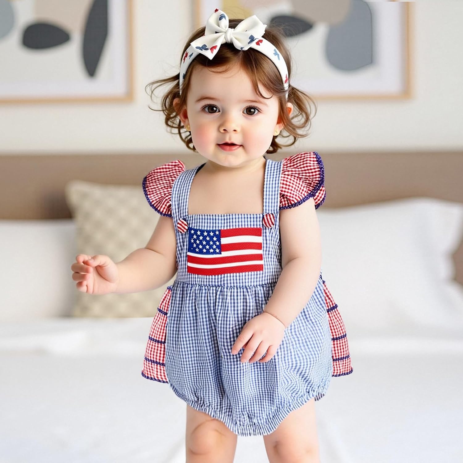 4th Of July Baby Girl Outfits Newborn Bubble Romper Infant Plaid Bodysuit T Shirt Memorial Day Patriotic Clothes - Image 2