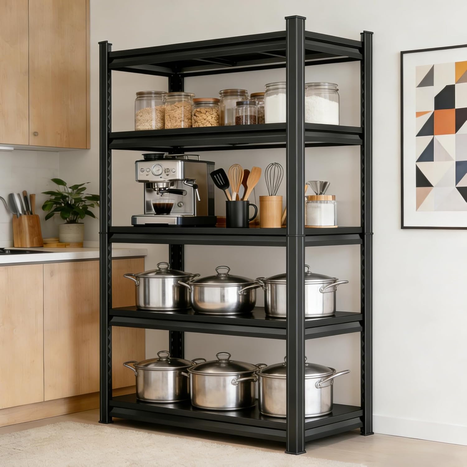 5-Tier Appliance Storage Shelf Units Adjustable Heavy Duty Pot and Pan Organier Heat Resistant 36"W x 71"H Black Metal Shelf with Storage 2000LBS Racks for Frying Pan Kitchen Pantry Dinning Room