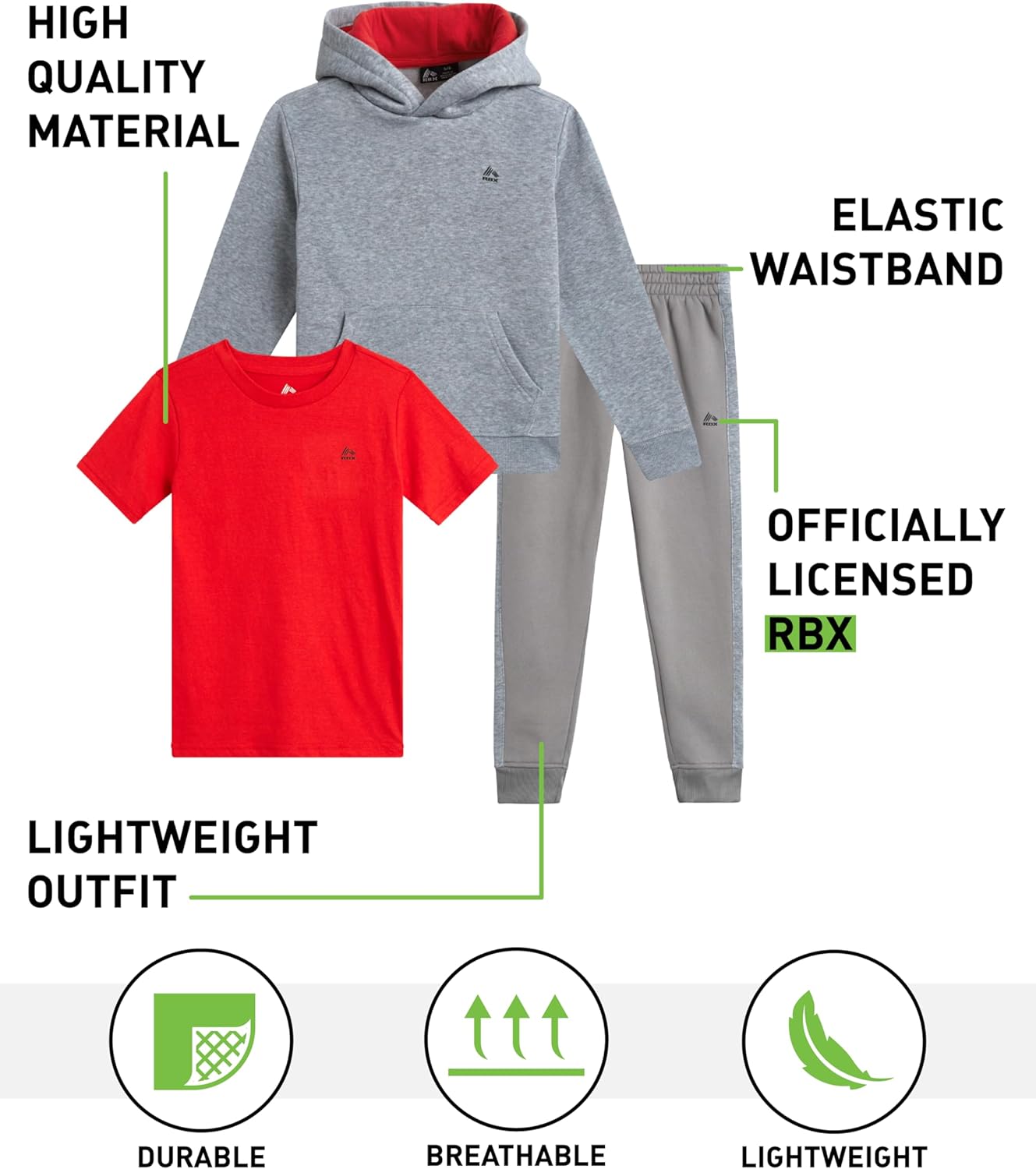 RBX Baby Boy Pants Set - 3 Piece Breathable Boys Hoodie, T-Shirt, and Fleece Joggers For Boys Outfit (Sizes 12M-7) - Image 2