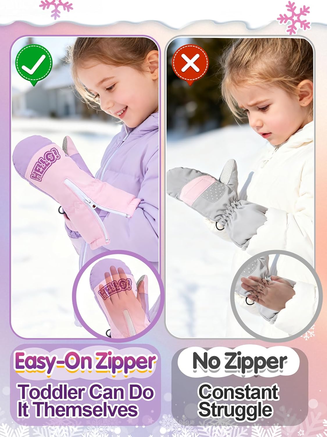 Easy-On & Off Zipper Waterproof Toddler Snow Mittens- Winter Kids Ski Gloves for Ages 3-6 Girls Boys Gifts, 2 Pairs - Image 3