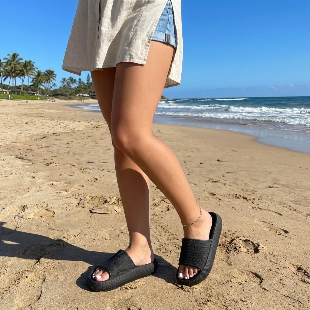 CUSHIONAIRE Feather EVA Slides for Women – Comfortable Slip On Womens Slippers, Indoor Outdoor Shower Shoes, Beach Essential Cloud Slides thumbnail