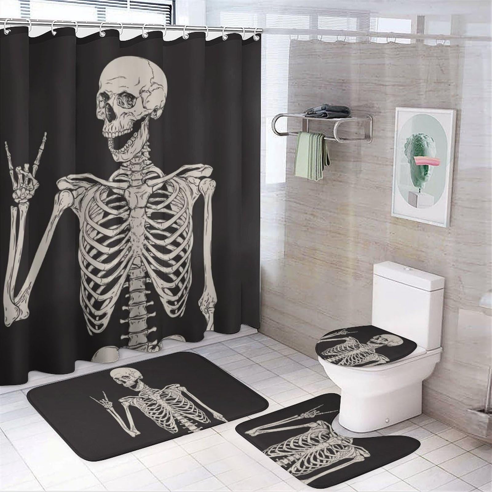 JZemdybill Bathroom Mat Set 4 Piece, Rock And Roll Skeleton Skull Shower Curtain with Non-Slip Bath Mats for Bathroom