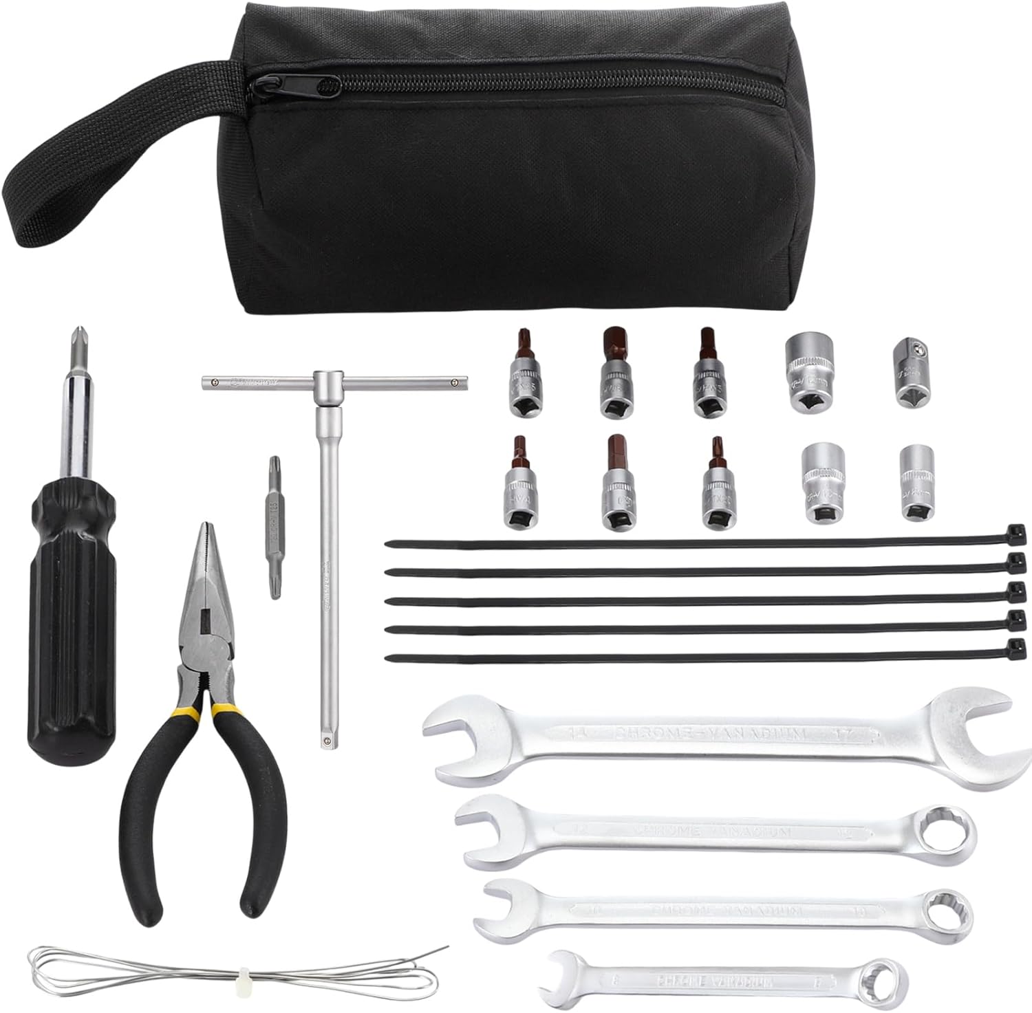 25 Pcs Motocross Tool Kit for Japanese Motorcycles Include Combination Wrench, Hexagonal Bit, Bits, Sleeve, Screwdriver, Drive T-handle Driver, Drive Adapter, Needle-nose Pliers, Cable Ties